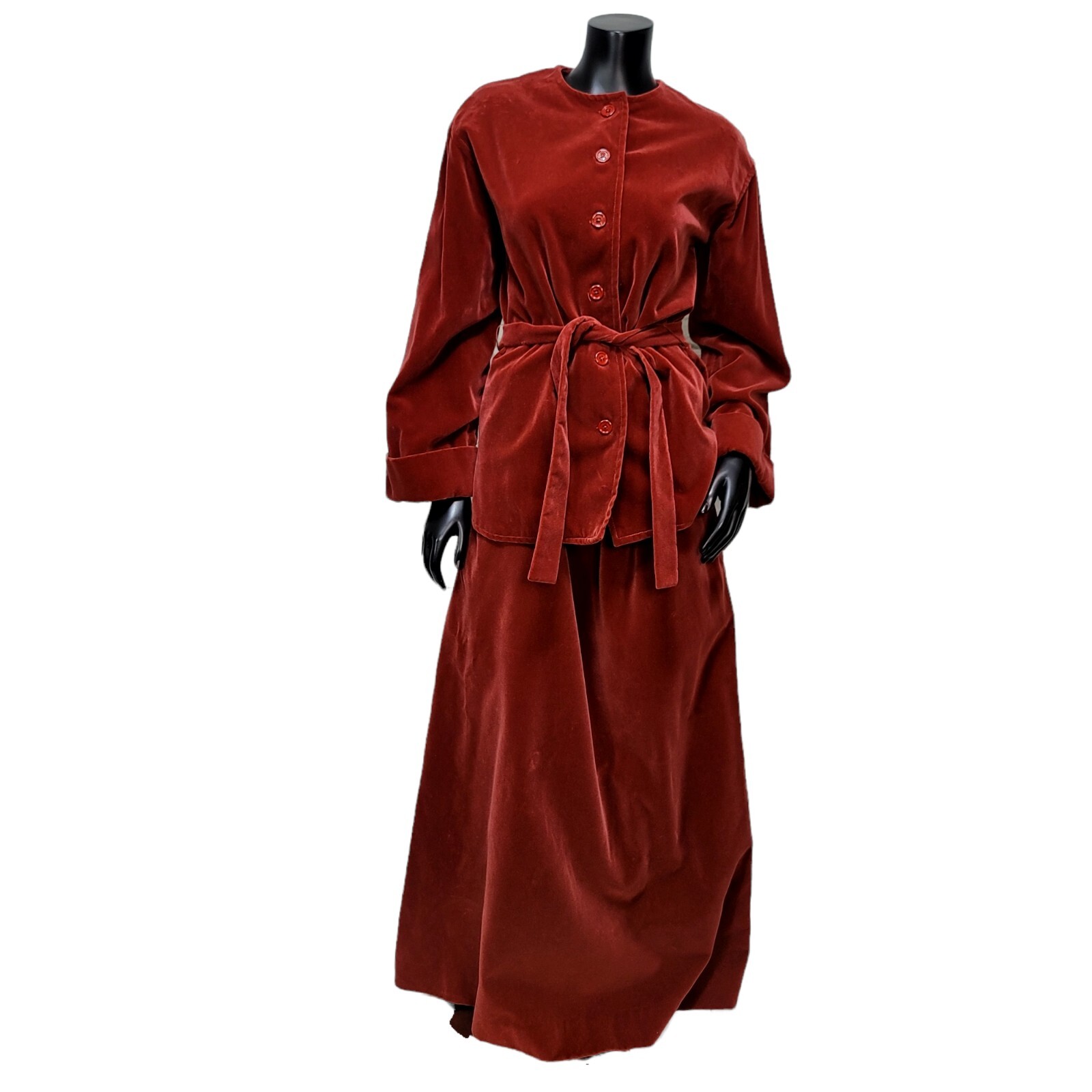 Vintage 70s Lenexa Place Rust Velour 2Pc Skirt Suit Set Belted Maxi USA ILGWU