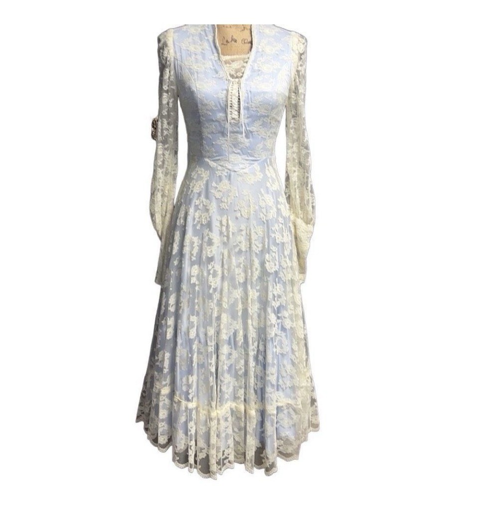 Vintage Prairie Lace Dress XS Powder Blue Romantic Cottagecore Midi
