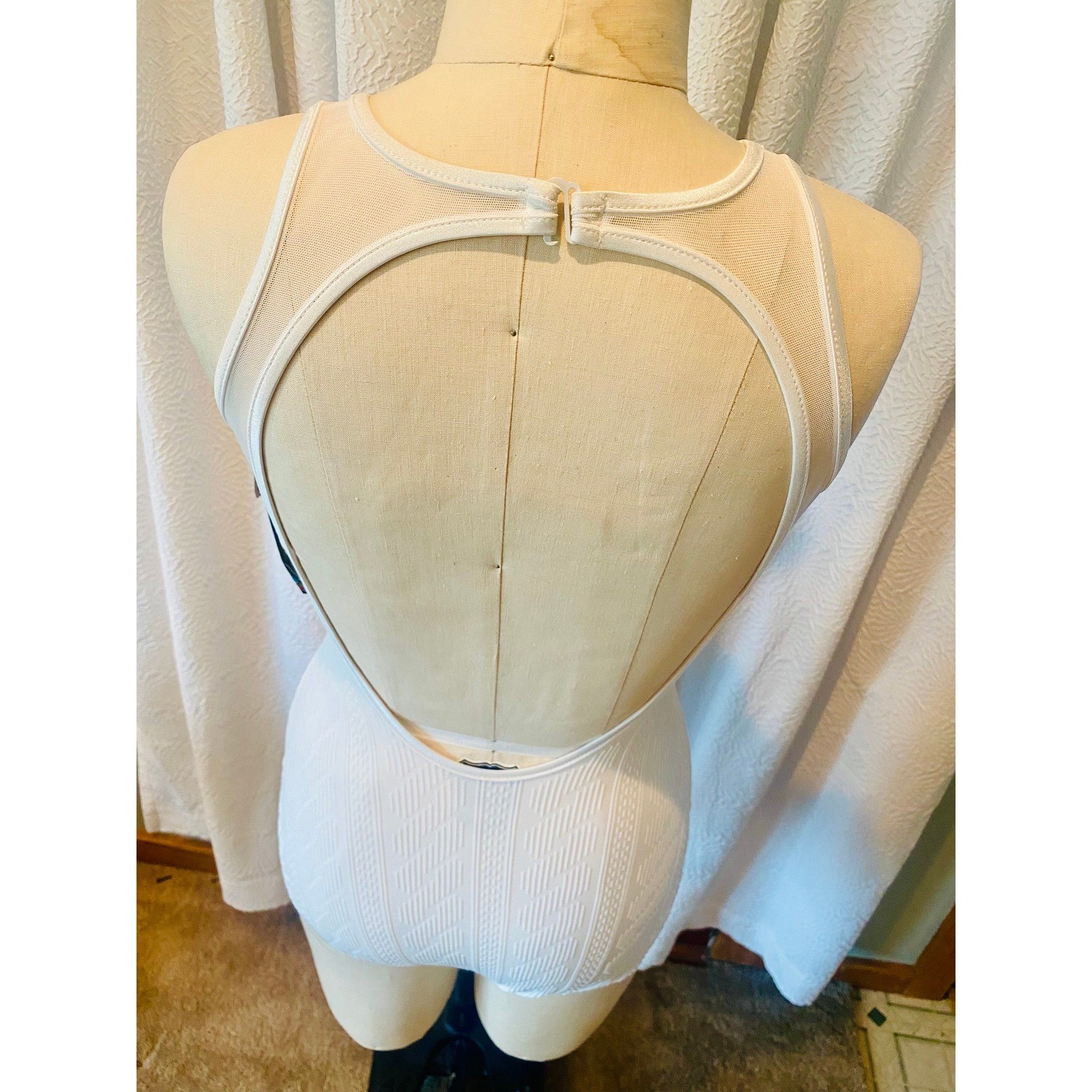 Vintage Jantzen Cable Knit White One Piece Mesh Window Swimsuit, Size 10