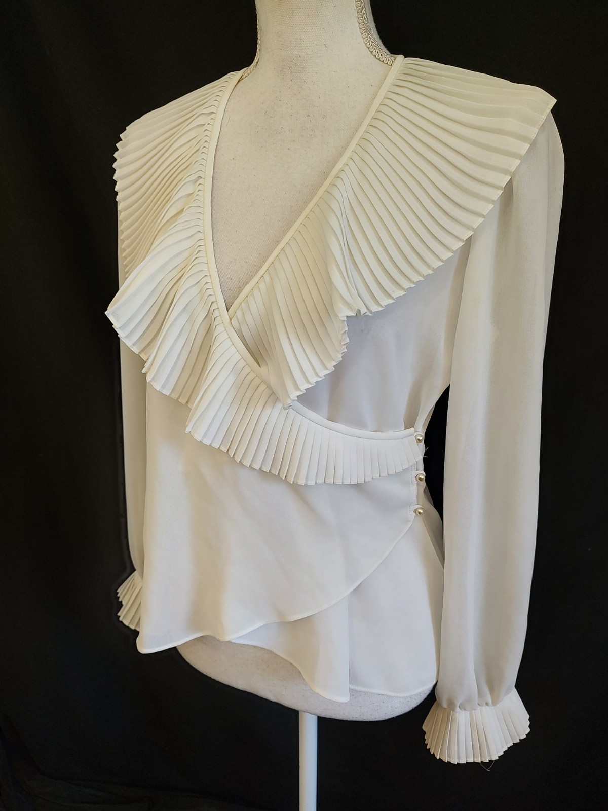 Vintage 70’s B Altman Top Wrap Blouse Sheer White Crepe Pleat Ruffle Poet Sz L