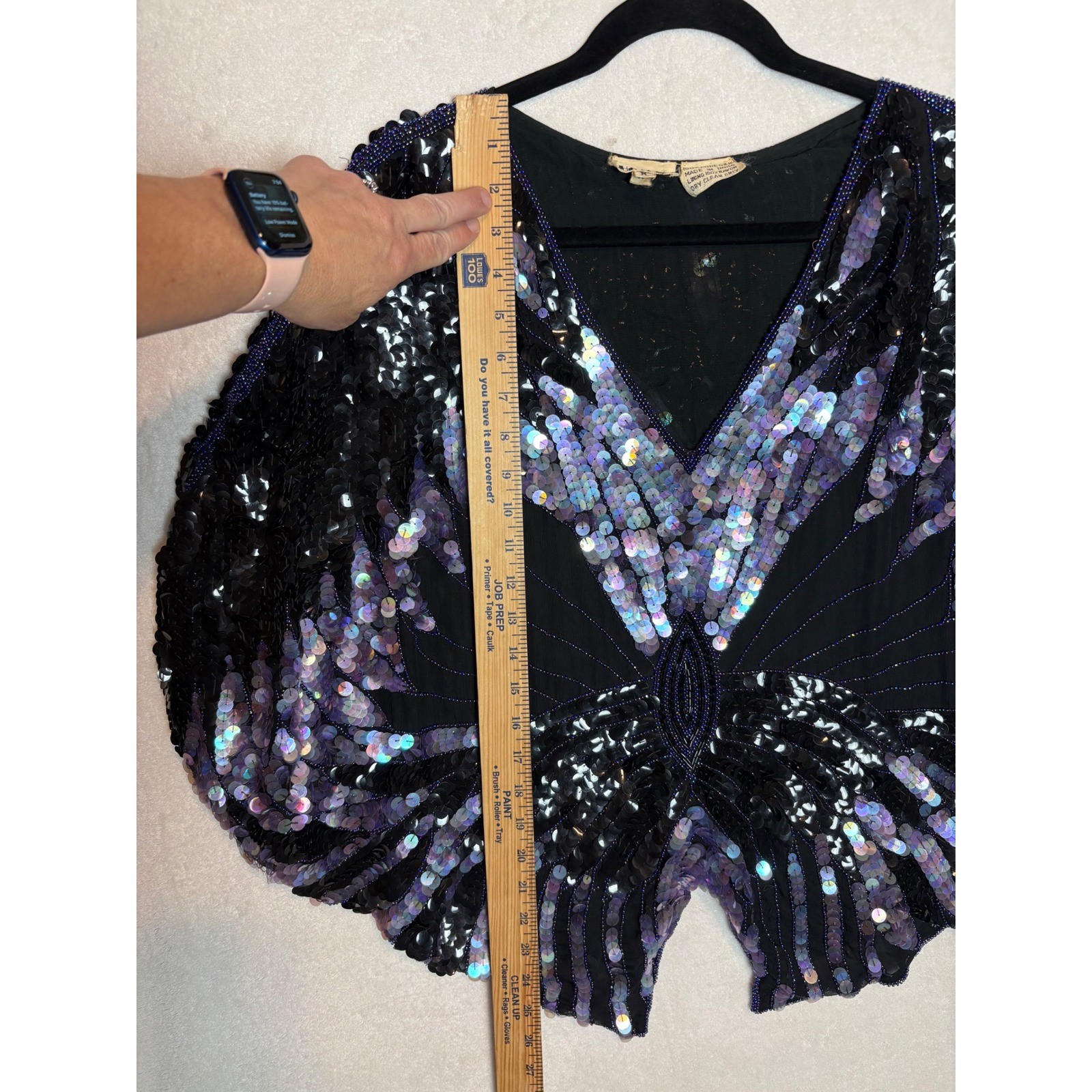 Shomax Vintage Silk Sequin Butterfly Top Iridescent Purple Beaded Batwing Blouse