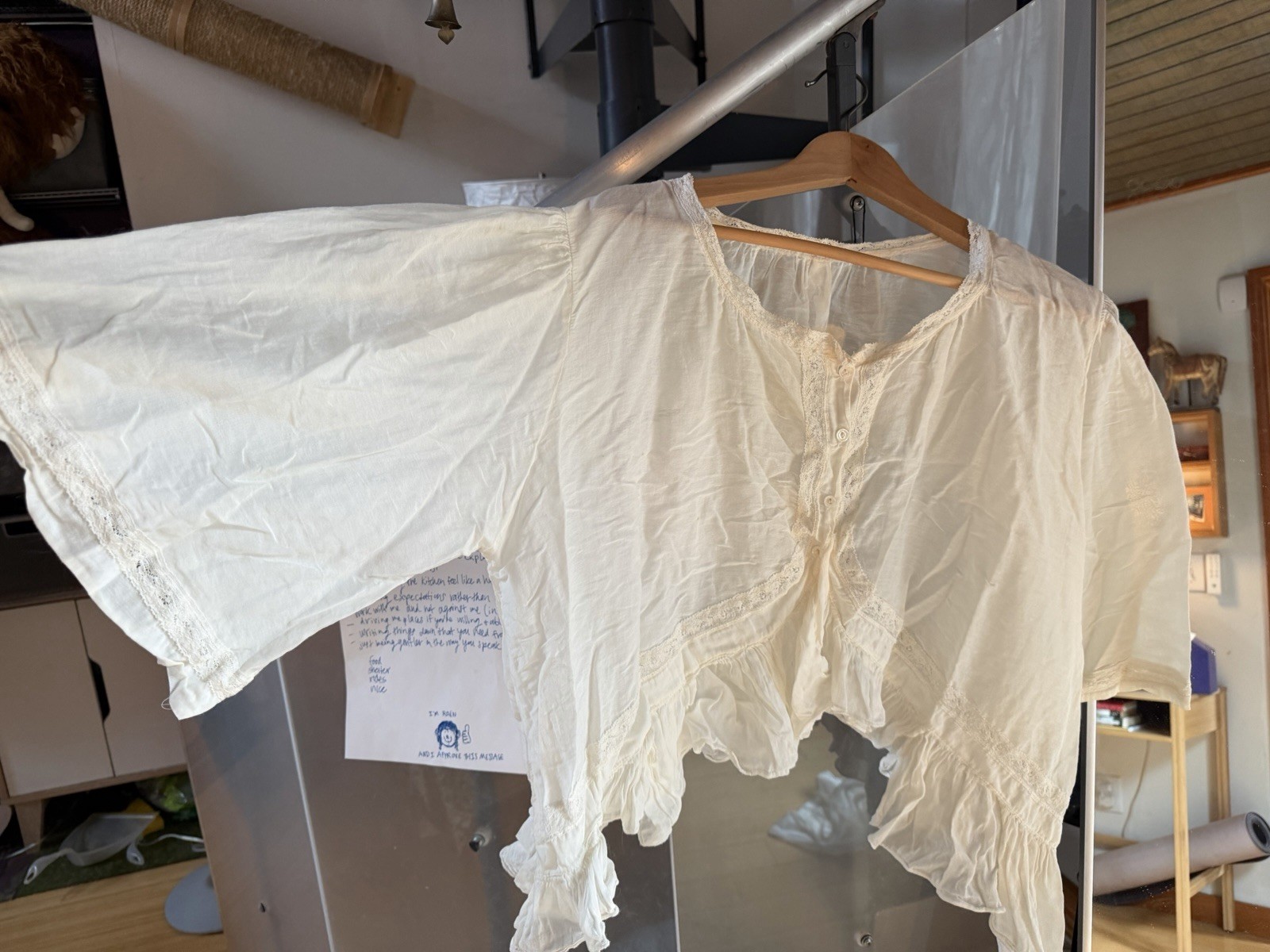 Vintage Magnolia Pearl Sheer Ivory Blouse Ruffled Trim DAMAGED AS-IS