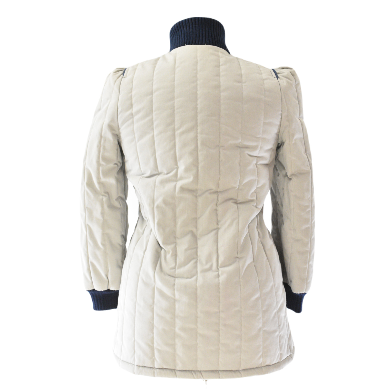 Pale Gray Quilted Puffer Coat Puff Sleeve Blue Rib Knit Stand Up Collar Womens12