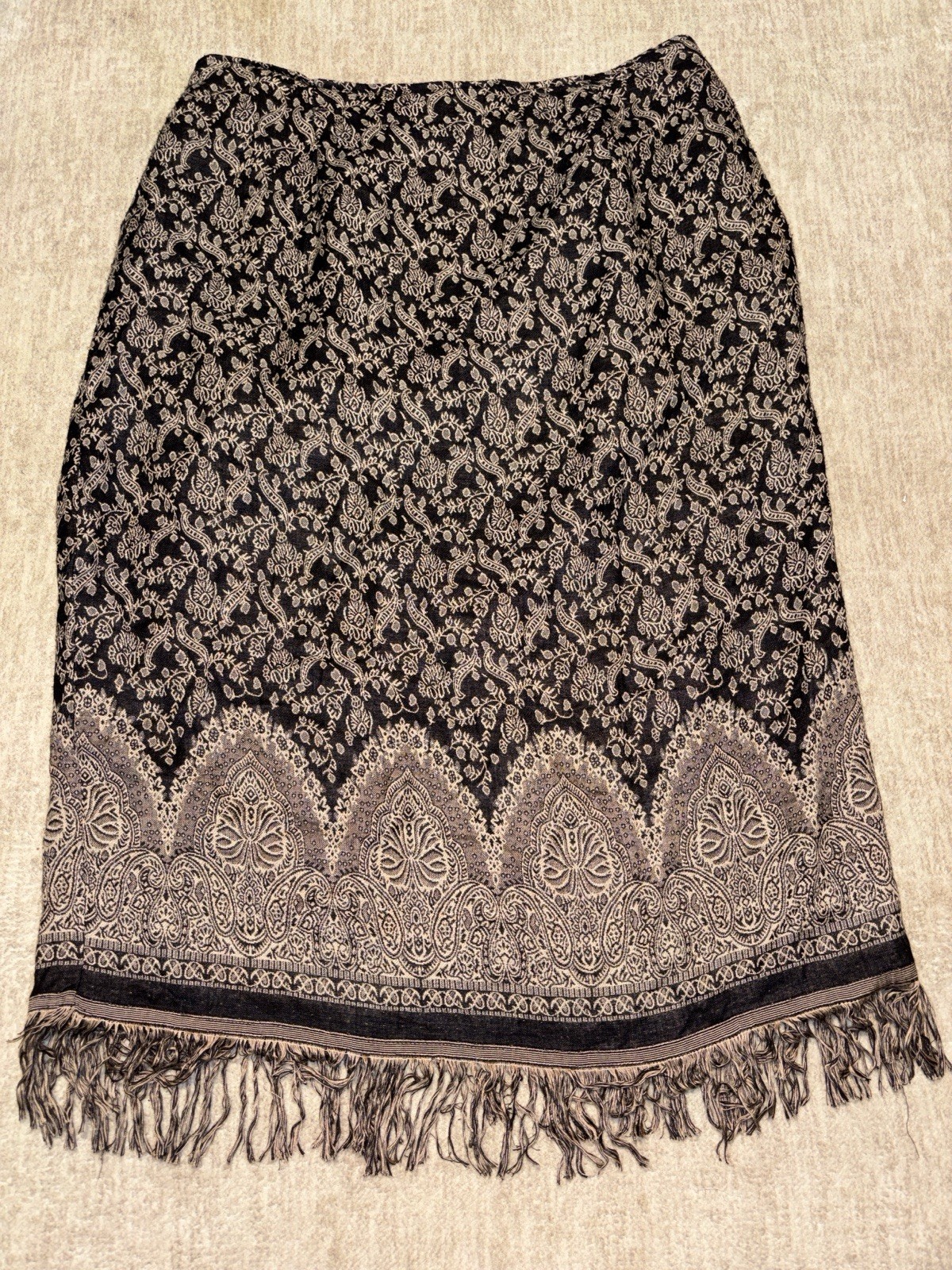 Vintage 90s Sz 18 Plus Tapestry Skirt Tassels Boho Dress Barn Black Whimsigoth