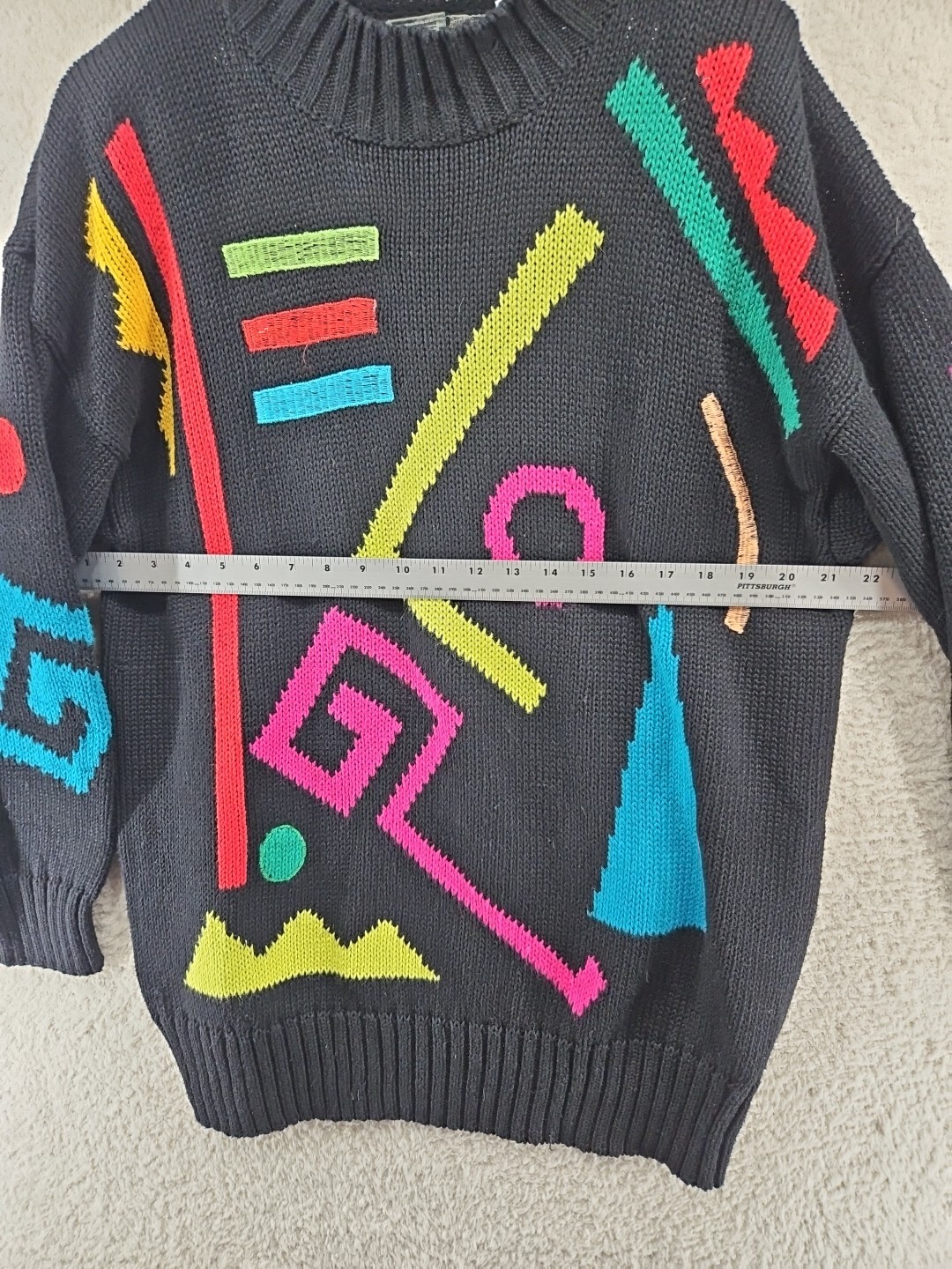 Vintage Totally Rad 80’s Woman’s Sweater Geometric Print Long Neon Multi Color