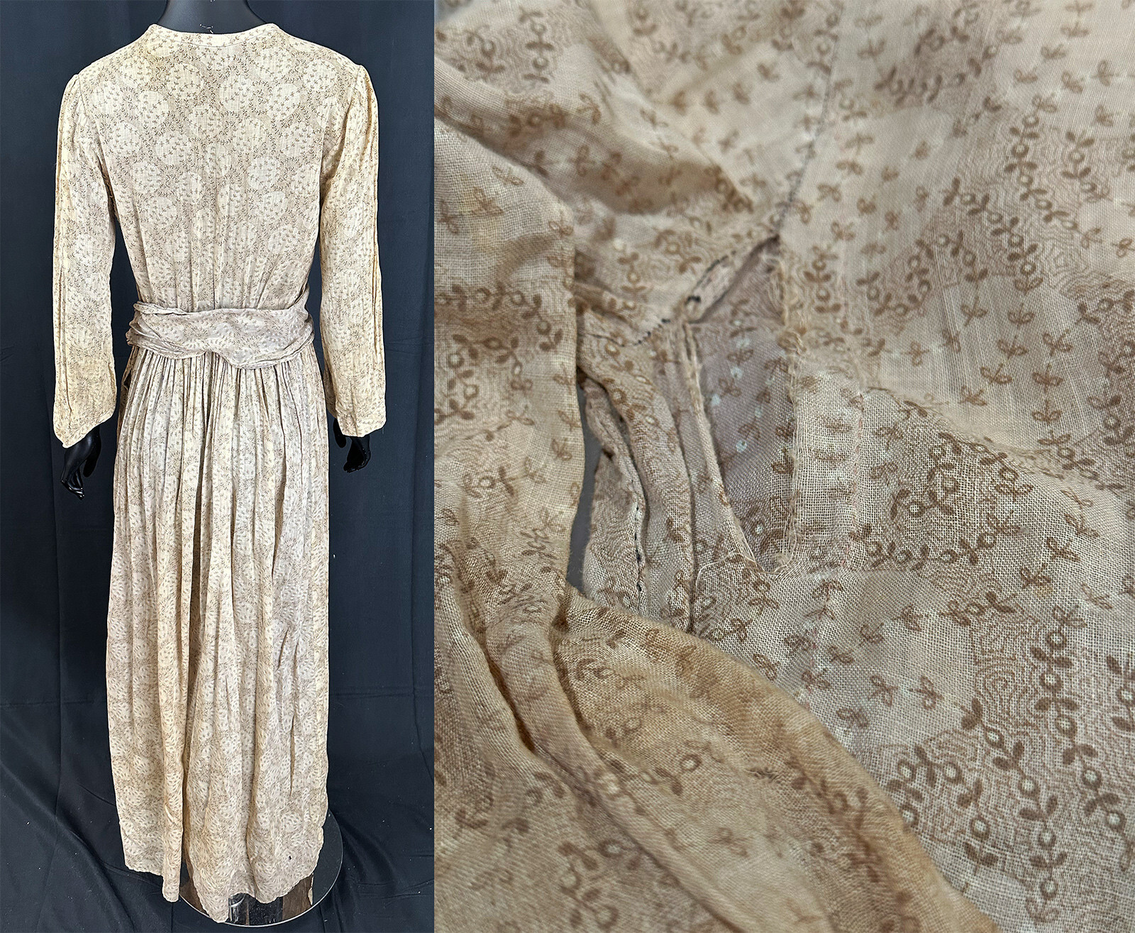 Edwardian Beige Spiral Vine Leaf Print Calico Cotton Muslin Women Workwear Dress