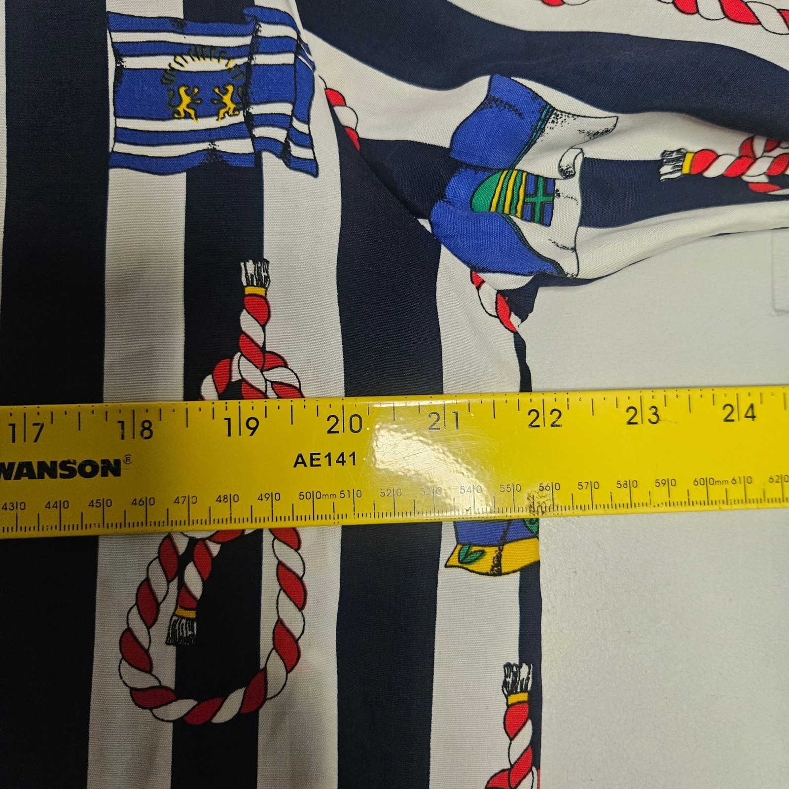 Vintage C&A Nautical Stripe Rope Flag Print Viscose Button Up Shirt Navy EUR 40