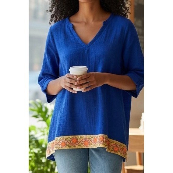 Soft Surroundings Tunic Women XL Blue Gauze Embroidered Boho Split Neck Top