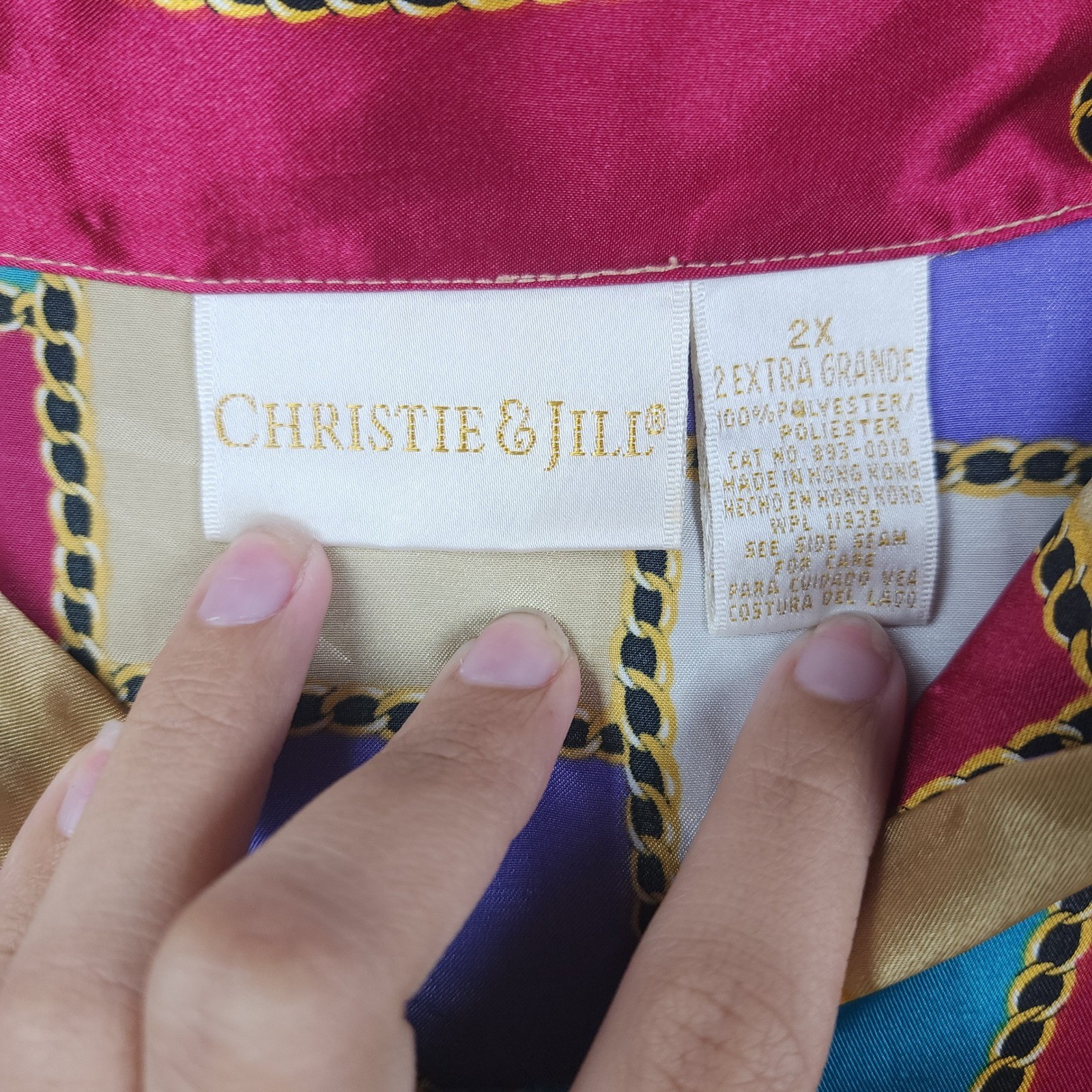 Christie & Jill Button Down Blouse Womens 2X Multicolor Chain Geometric Vintage