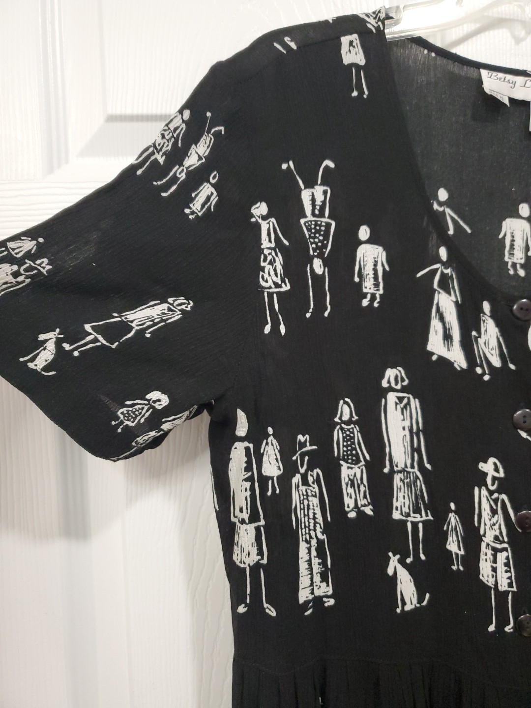 Betsy Lauren Button-Up Maxi Dress Black Size 14 Unique Pattern Of People Vtg