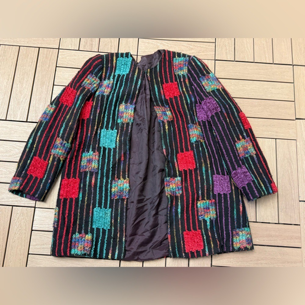 Vintage knitted multicolor patchwork black red green cardigan jacket