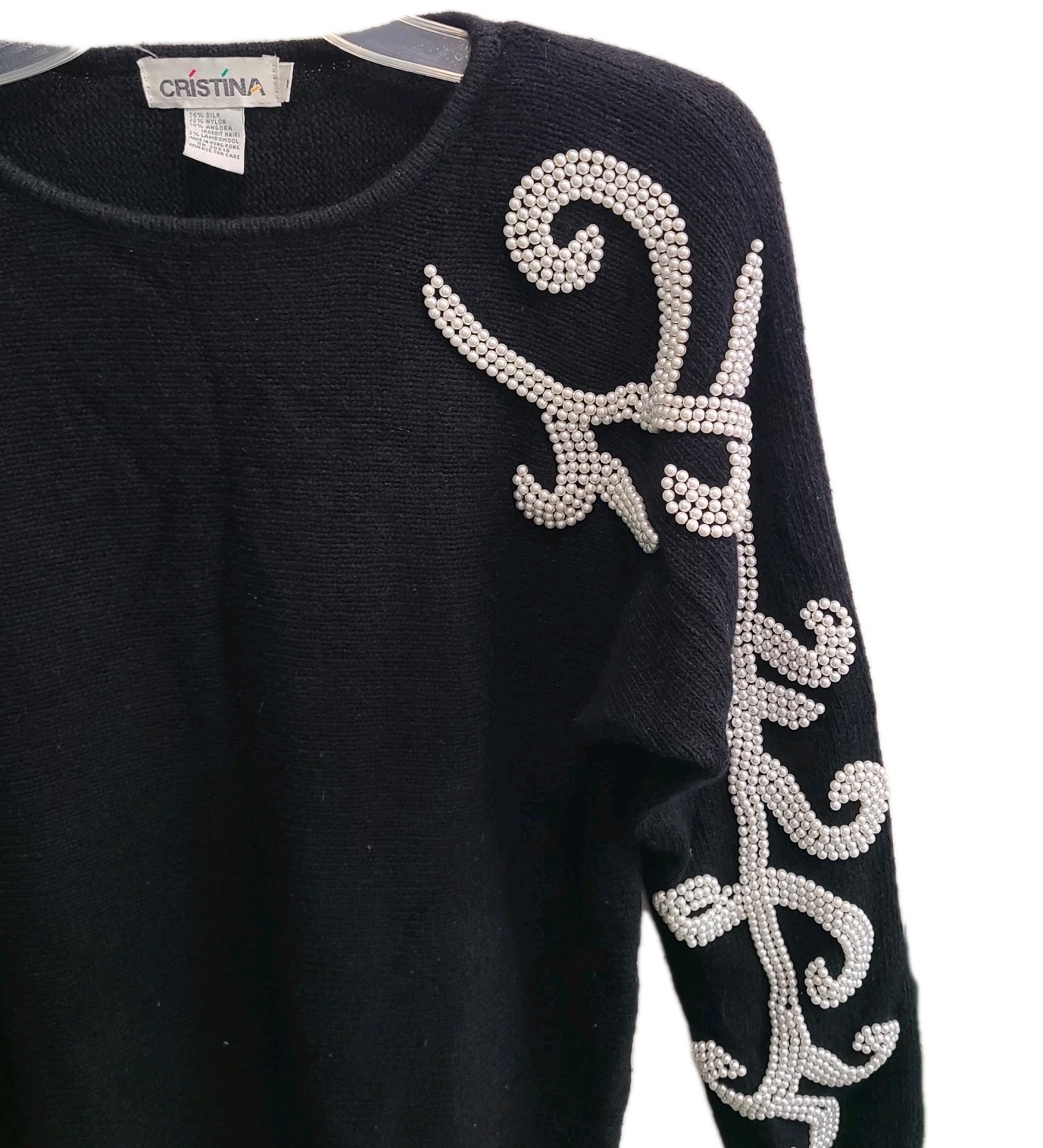 Vtg Cristina Womens Sz M Black Sweater Silk Angora Pearl Beaded Chic Cozy Unique