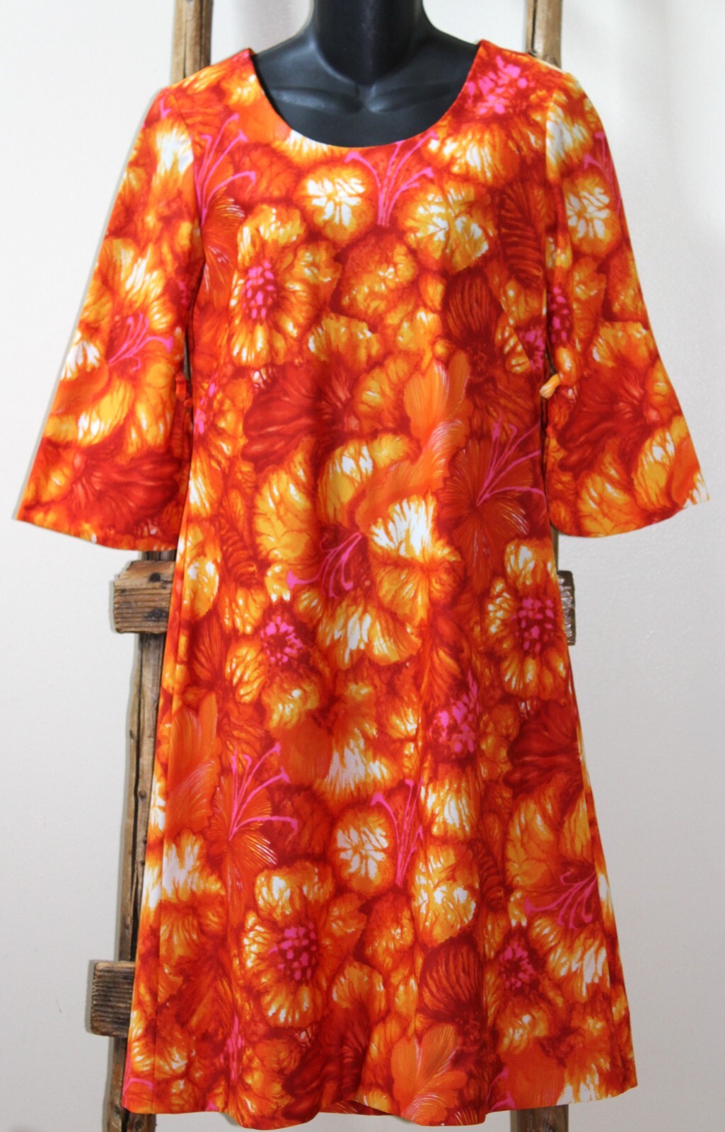 Vintage~PACIFIC ISLE~Creations of HAWAII~Orange Floral~DRESS~3/4 Sleeve~MEDIUM?