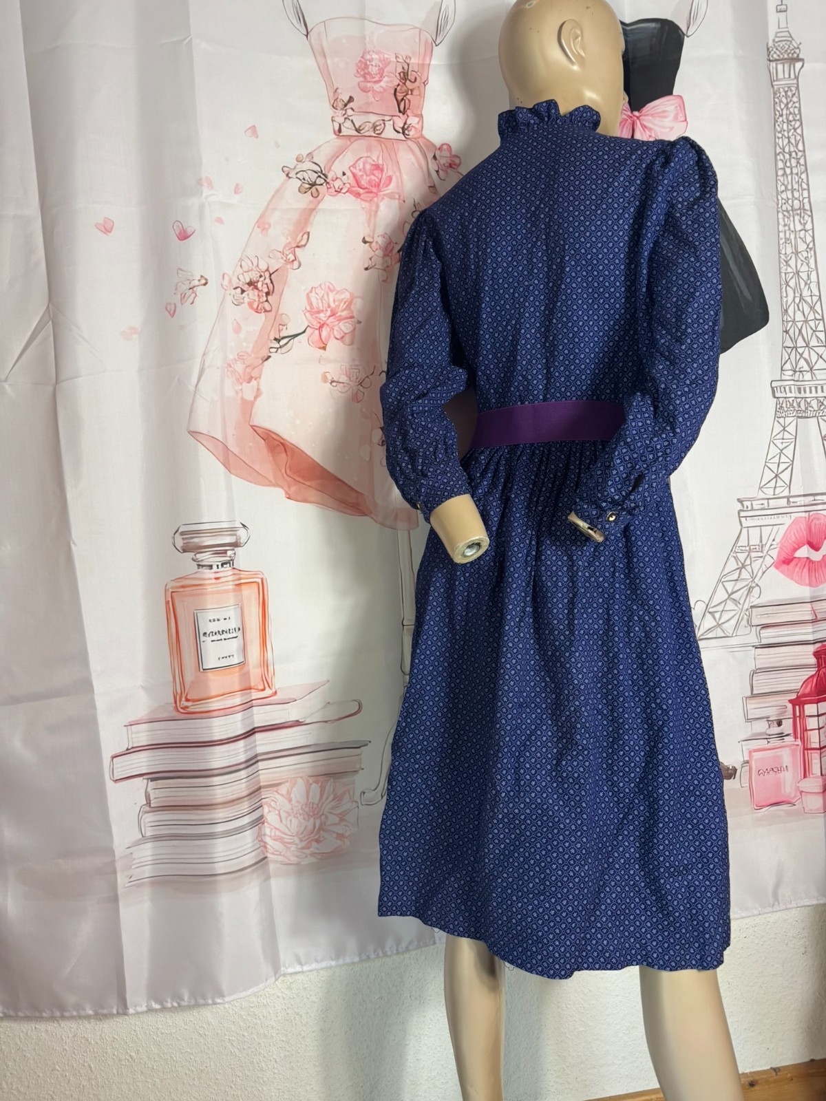 Vintage Country House Dress Blue 70s Cotton Puff Sleeve Costume Dress Size 34 36 38