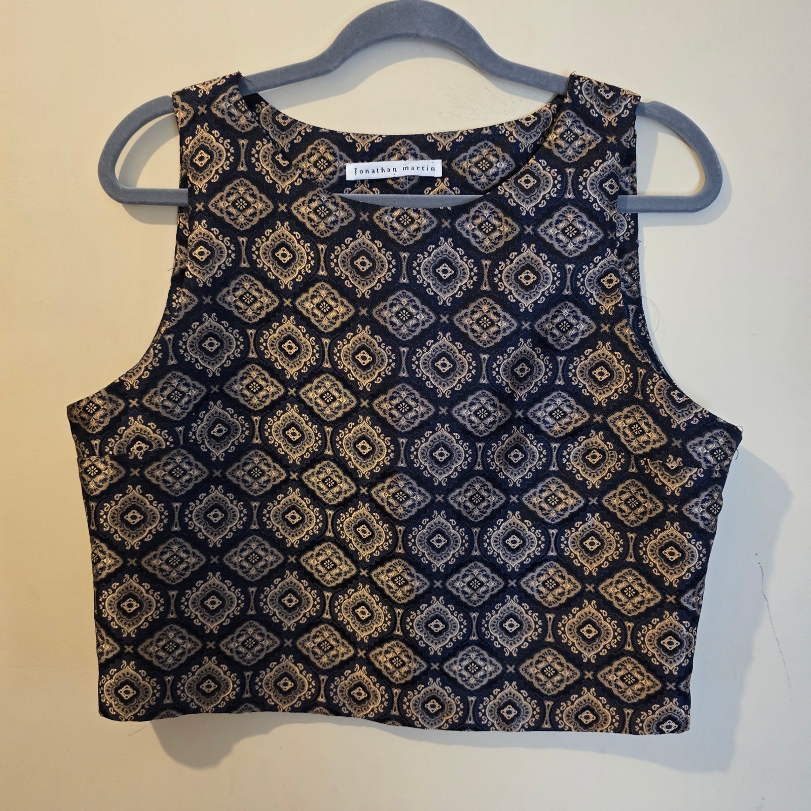 Jonathan Martin Vintage Brocade 2 Piece Set Crop Top Mini Skirt Navy Gold Sz 13