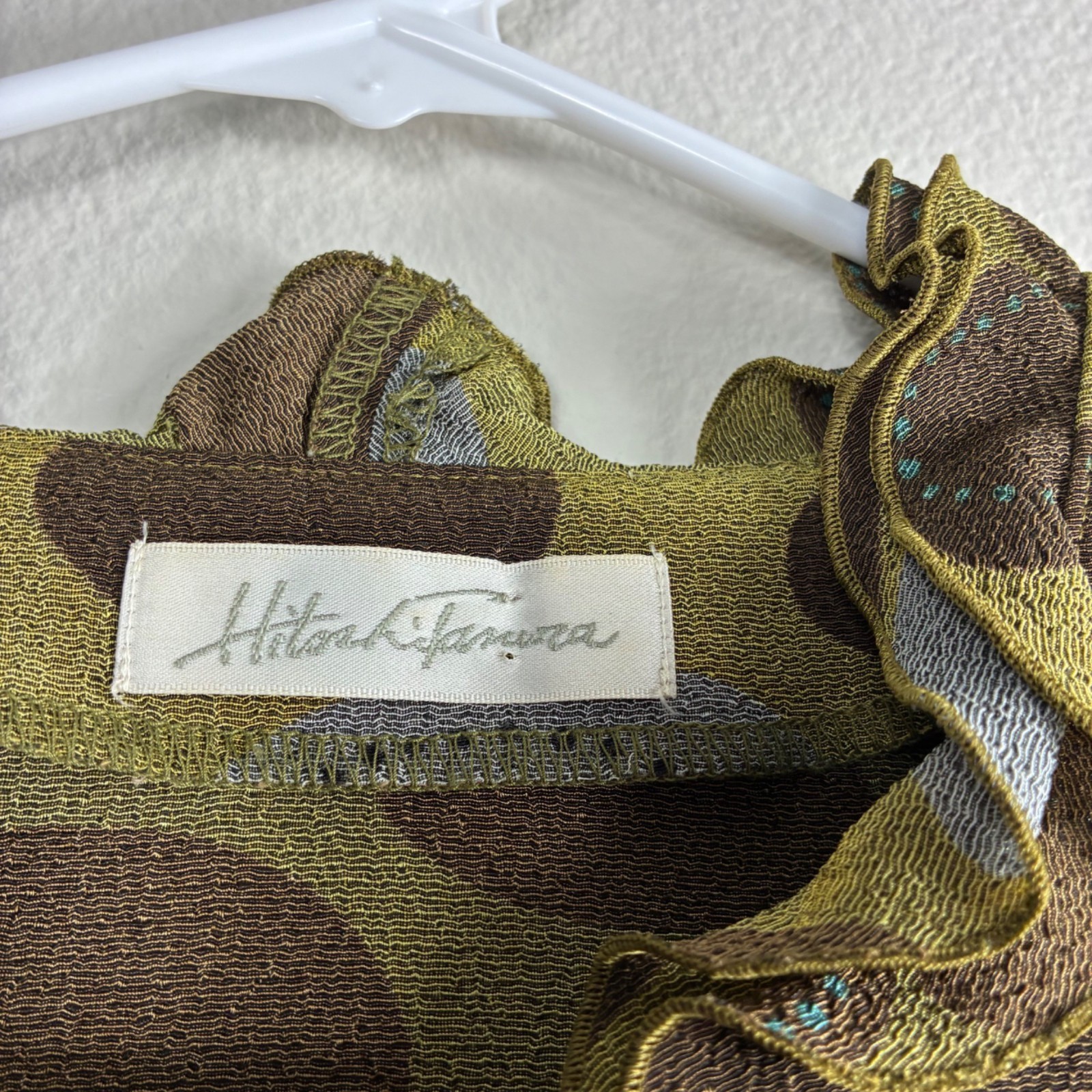 Vintage 80s Hitoshi Tamura Shisendo Ruffled Crepe Blouse Abstract Olive Brown L