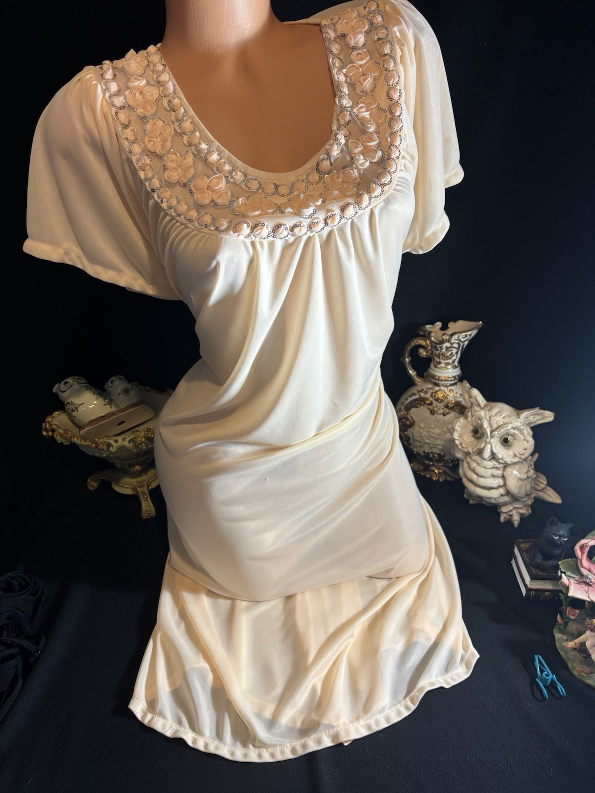 Vtg Satin Soft CreamSickle Shiny Silver Sequins Gown Sheer Long Dress Nightgown