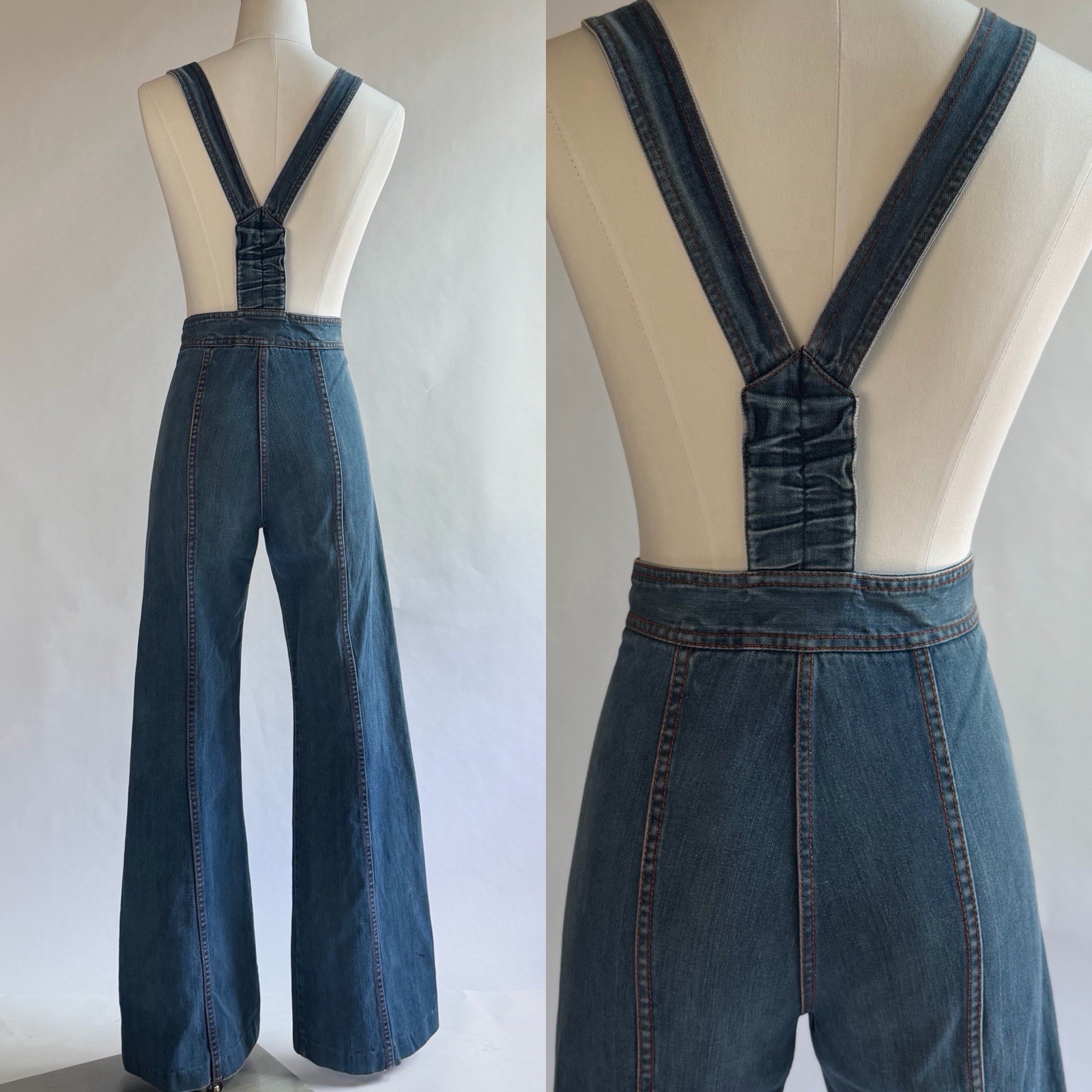 70s Faded Glory Flare Leg Double Button Overall Jumpsuit Size 7 /Small 26×29