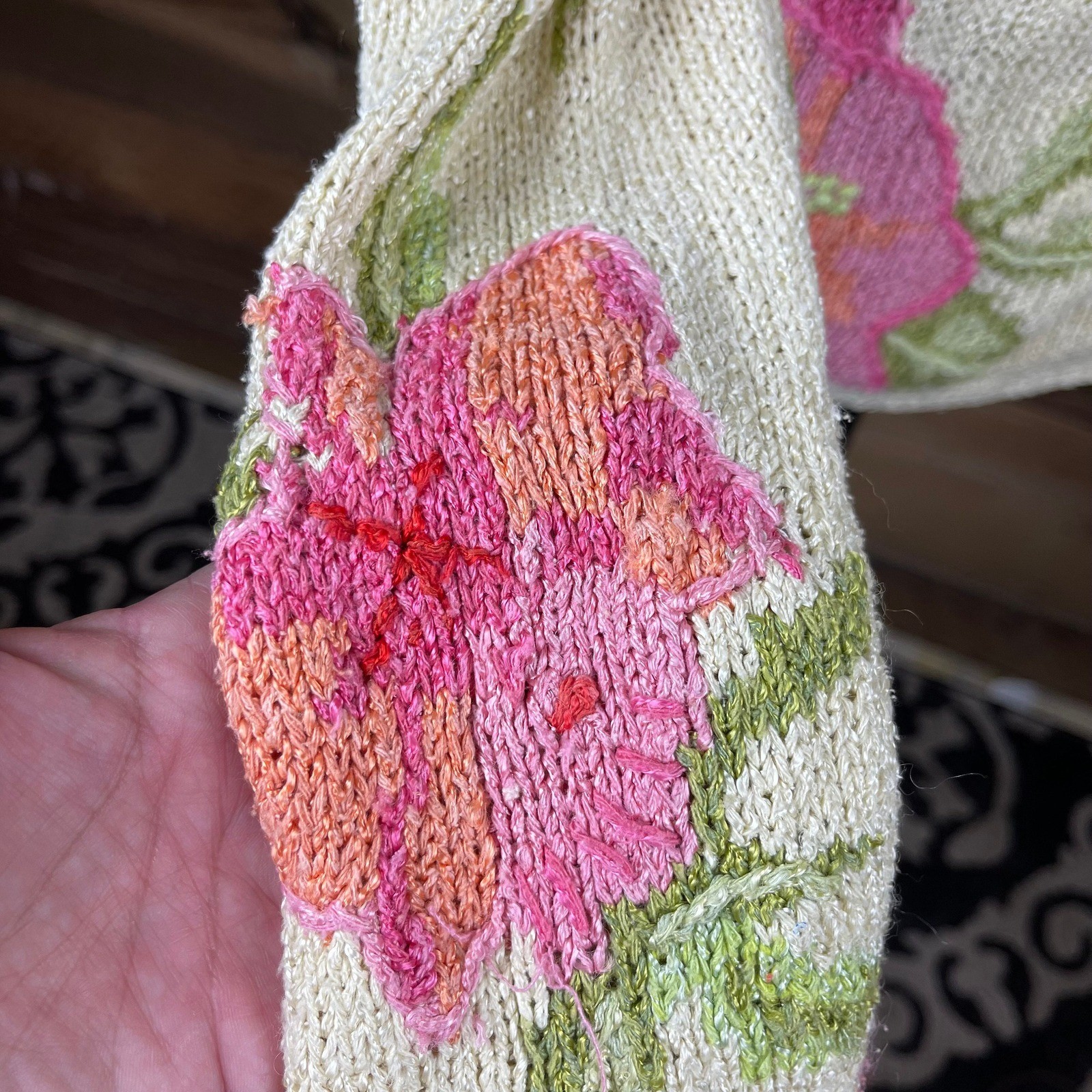 Vintage Medium David Brooks Brand Hand Knitted Cardigan Sweater Pink Flowers