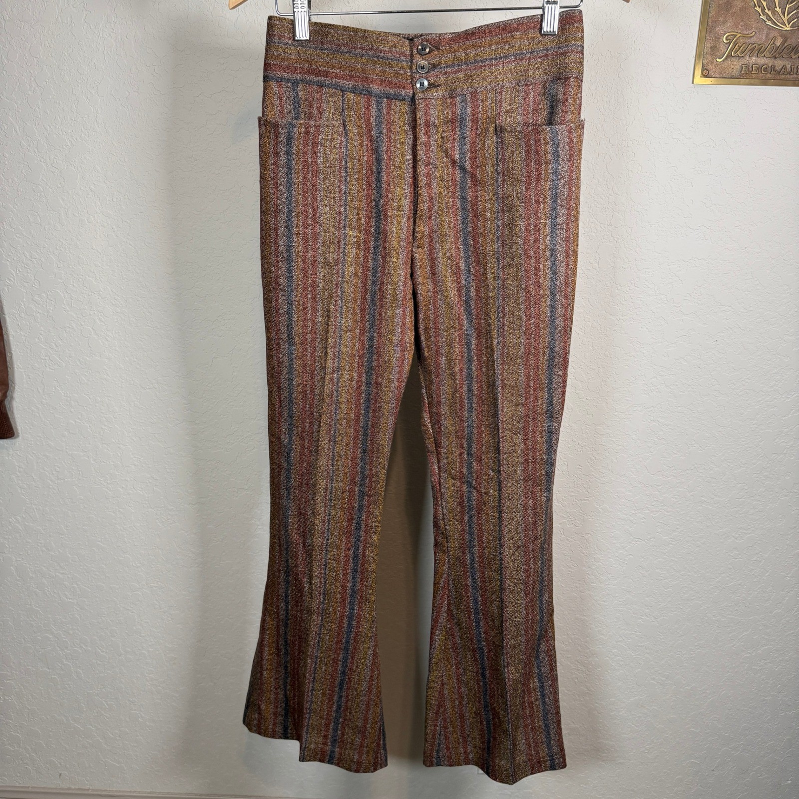 Vintage 70s Style High Waisted Striped Flare Pants Rust Gold Blue Trousers
