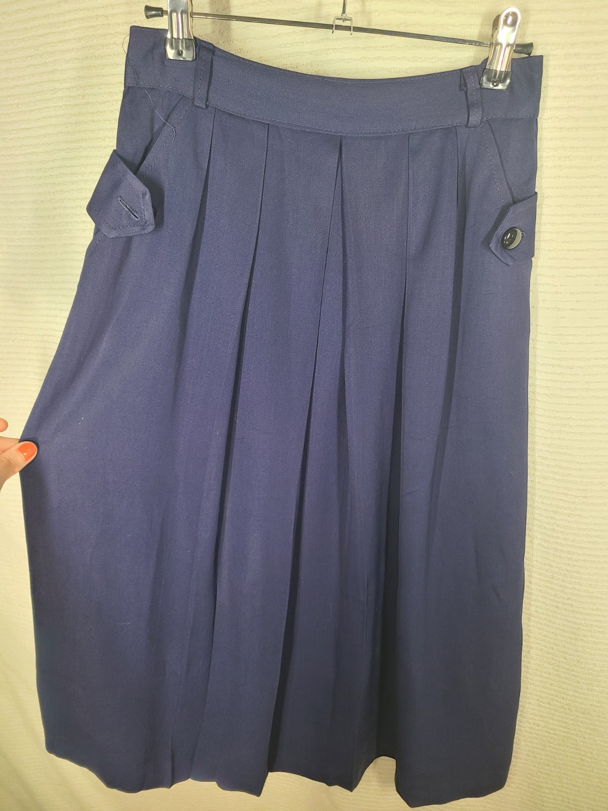 Vintage 50s Skirt Navy Rayon Gabardine Pleated Front Button Pockets 27w Pinup