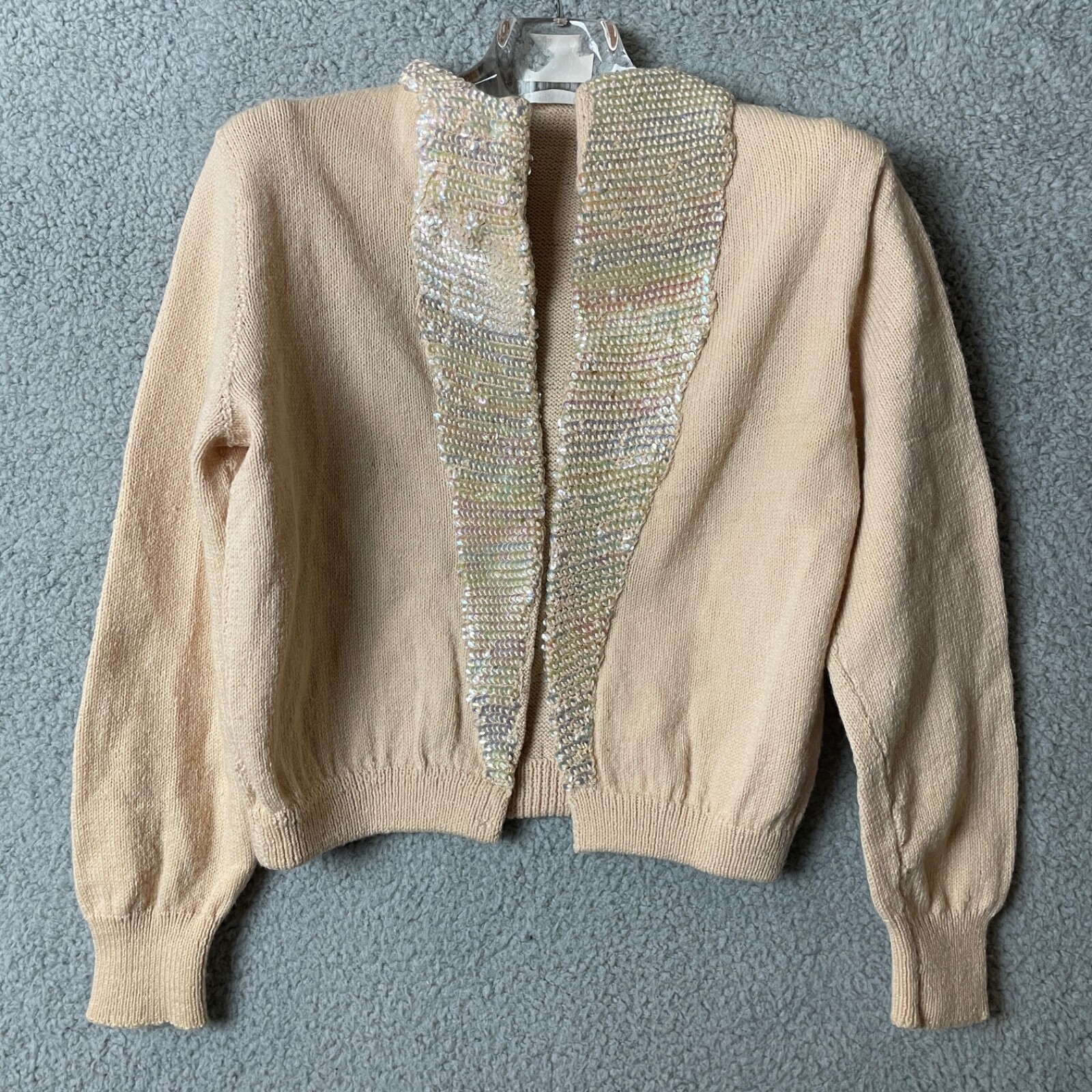 VTG Artisan Made Cardigan Sweater Womens S/M Beige Sequins Hand Knit