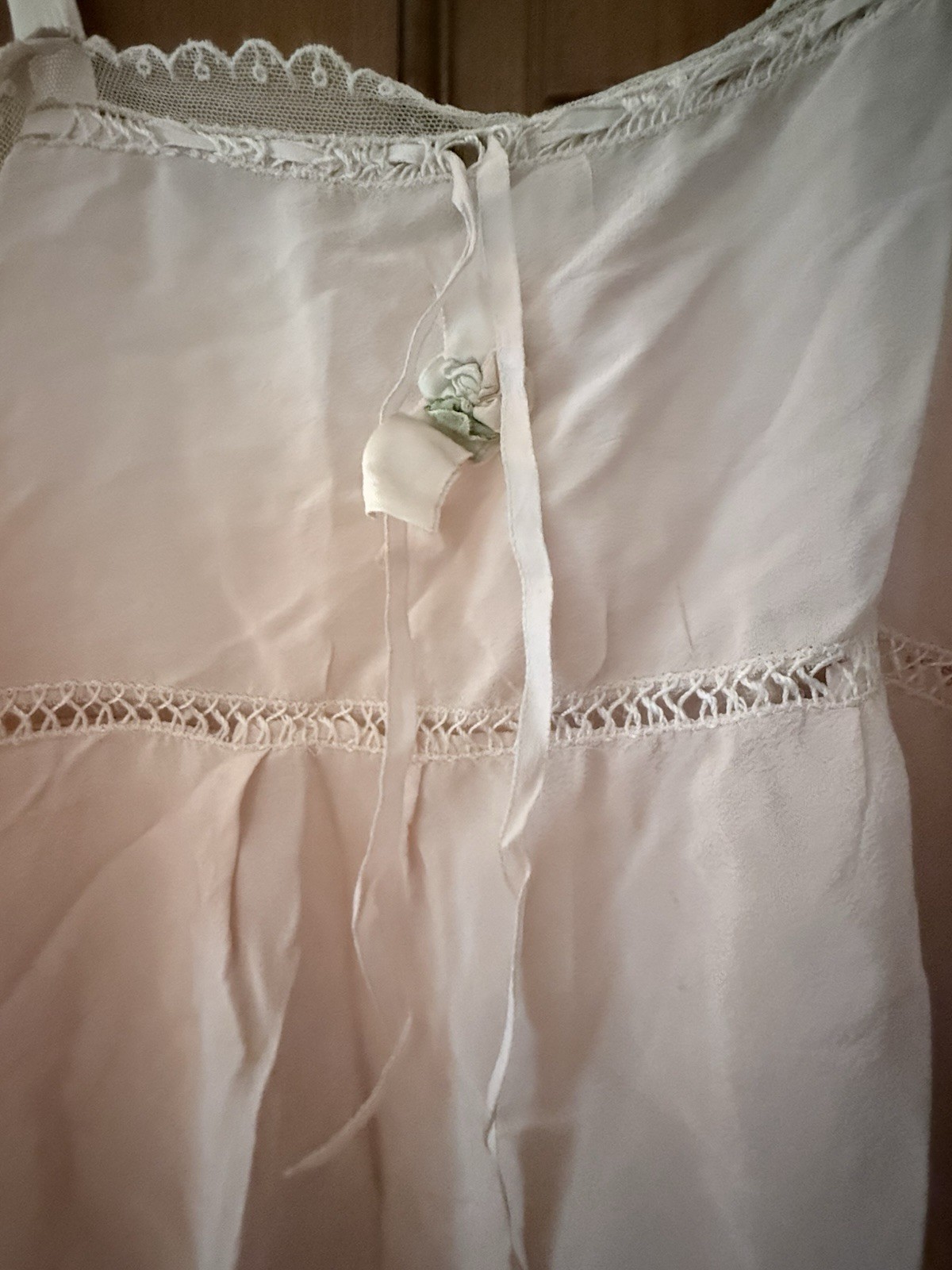 1920’s Pink Silk Teddy Step-in Antique Vintage lingerie Rosette & Net Lace Trim