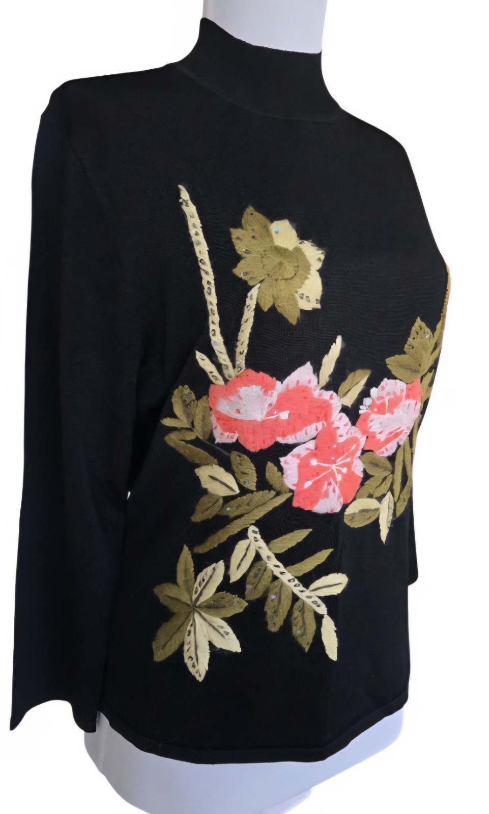 1990s CABO Emb Floral Sequined High Neck Knit Rayon Nylon Spandex Sweater Sz XL
