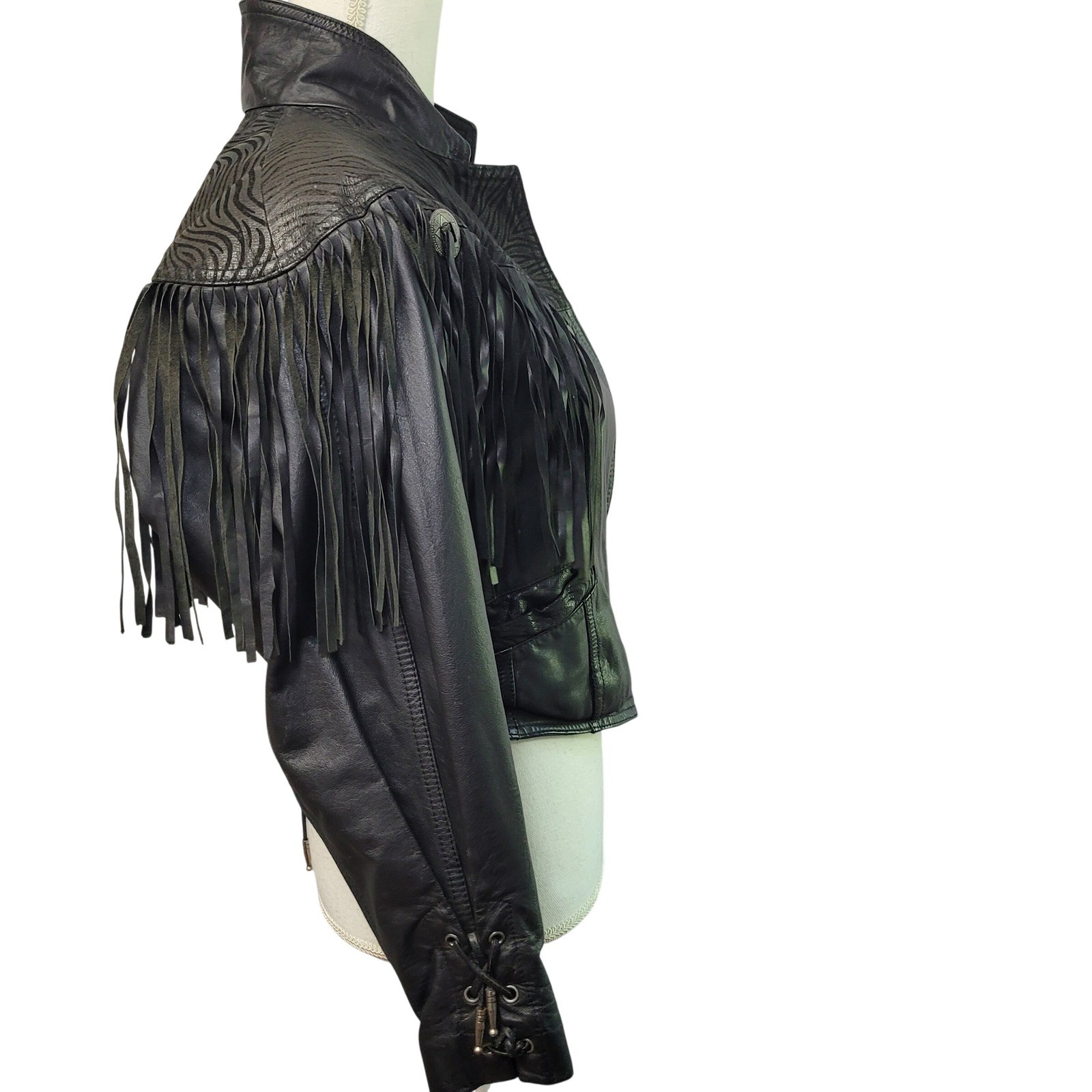 Vintage Black Leather Fringe Western Jacket Zebra Embossed Concho Cropped 90s