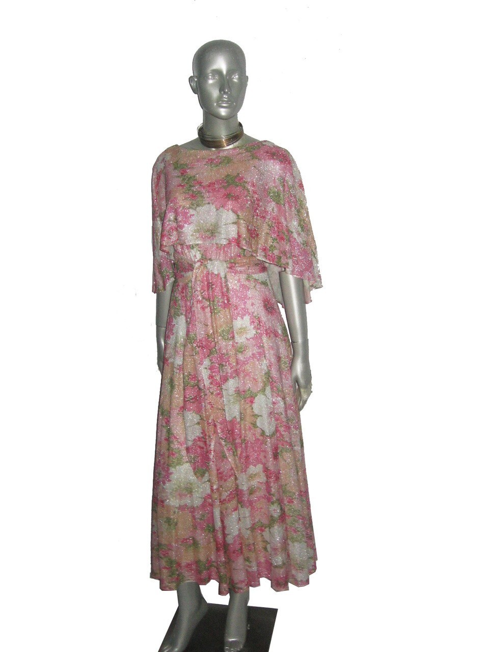 VTG Multi-Color Pastel Floral Metallic Silver Lurex Sparkle Overlay Disco Dress