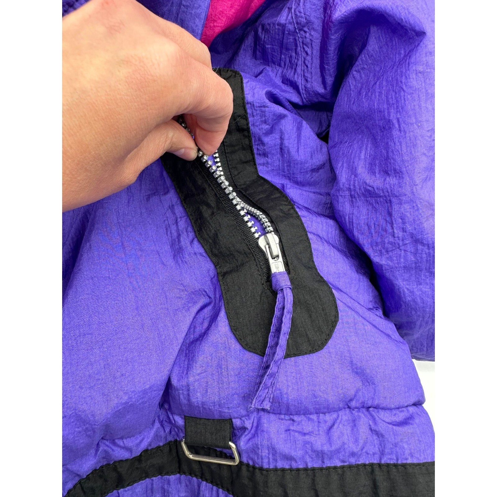Vintage Puffer Coat Ski Jacket Puffy Color Block Pink Purple Black Large 1990s