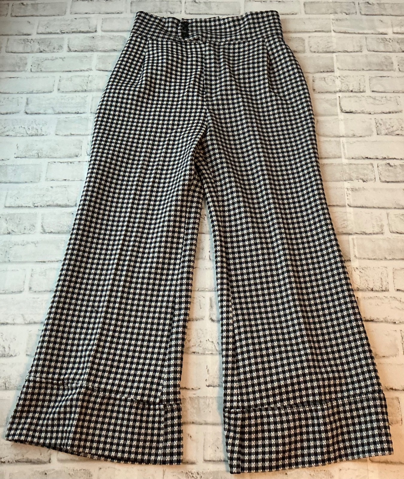 BLACK/WHITE HOUNDSTOOTH POLYESTER WIDELEG 12 „W BELL BOTTOM PANTS