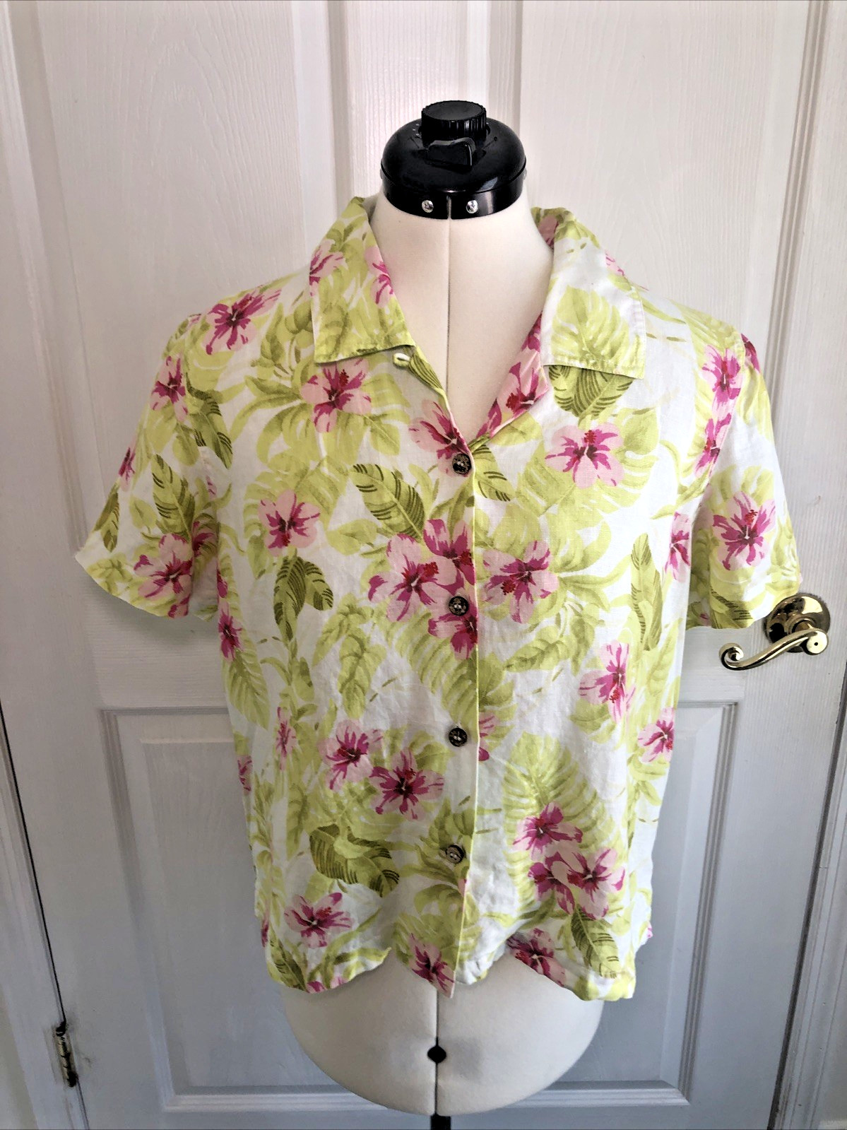 Vtg Rum Runner silk linen Hawaiian shirt womens LG 90s camp shirt resort wear