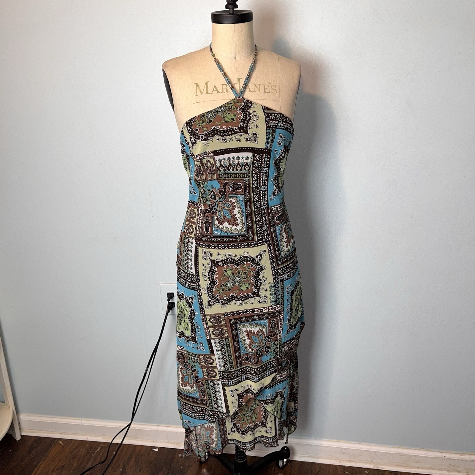 Vtg Y2K Paisley Patchwork Blue Brown Whimsy Fairy Halter Dress Asymmetric Hem 10