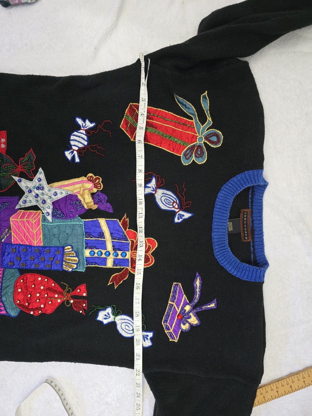 Vtg. Yarnworks Ugly Christmas Sweater Presents Candy Embroidery Beads, Medium