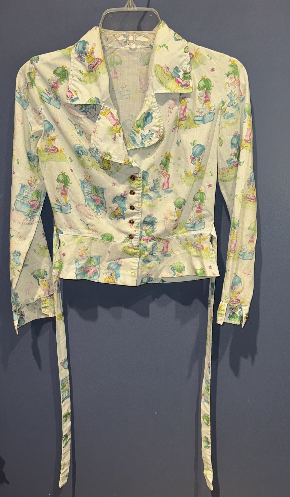 1960 Small Cartoon Cottage Core OOAK, Girl Kitty Piano Scarf Balloons, Hippie