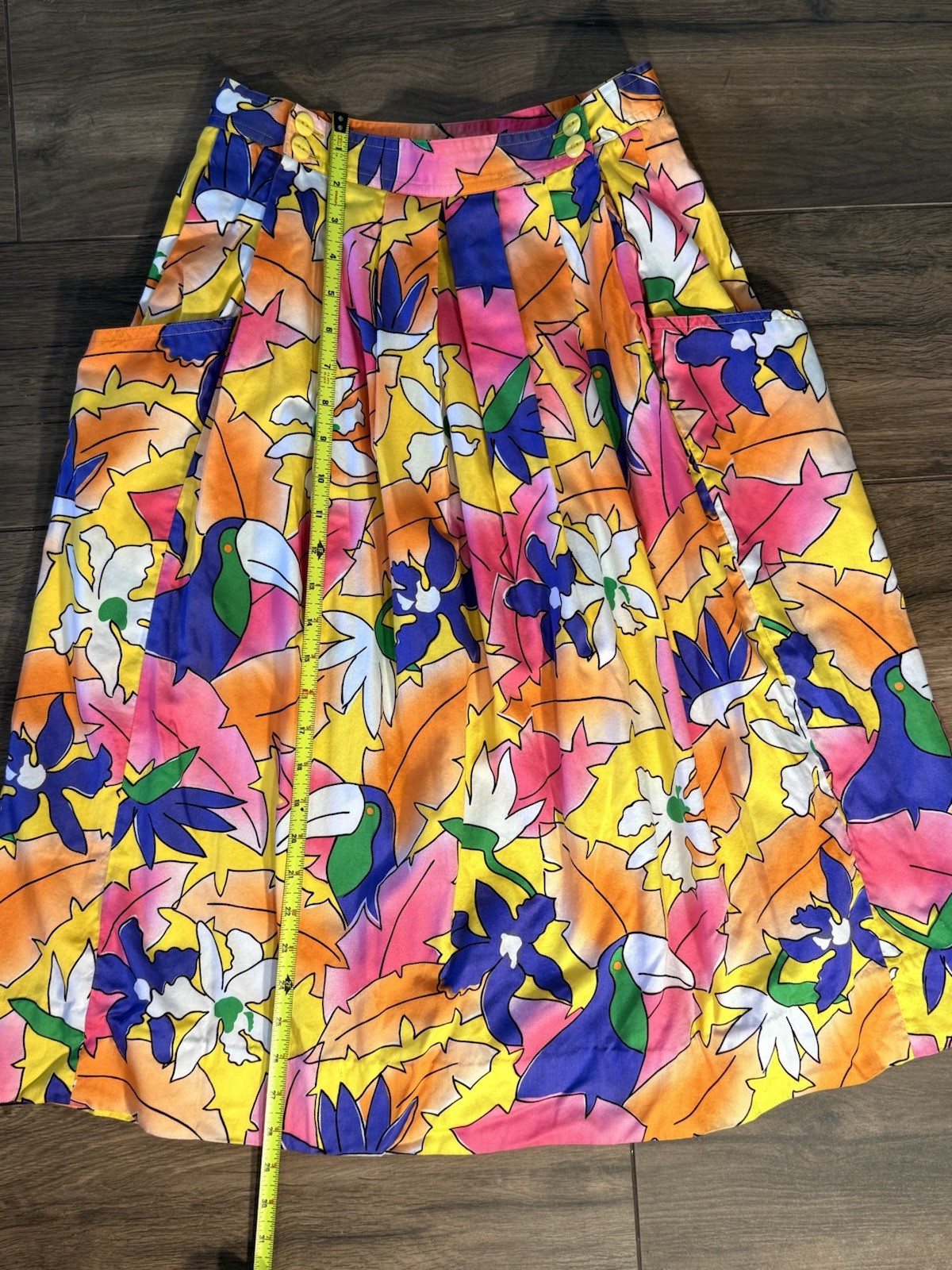 Vintage SK & Co. Bright Tropical Bird Cotton Midi Skirt Festival Women’s XS