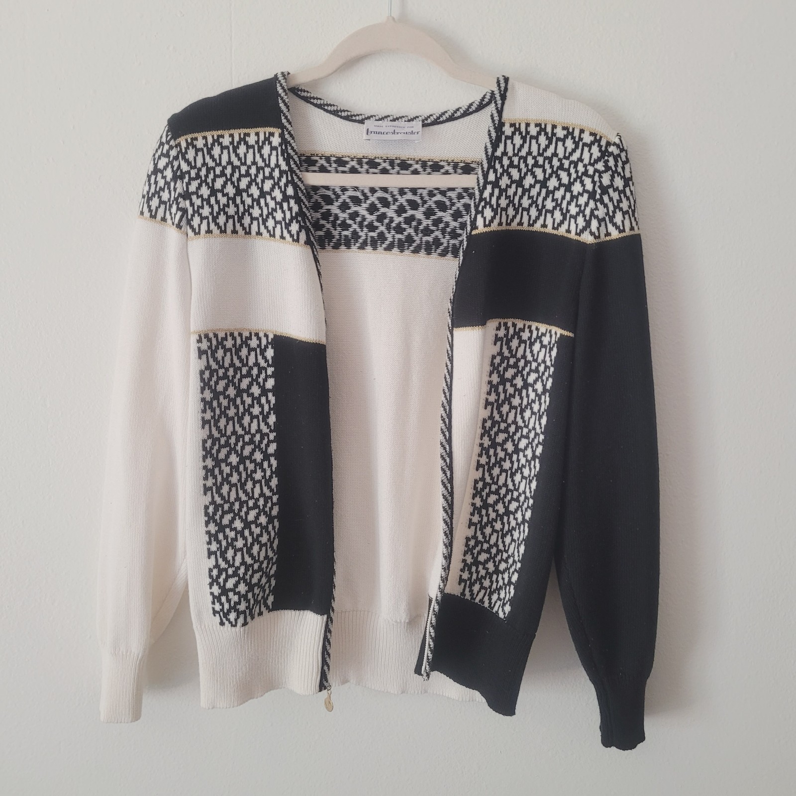 Vintage Frances Brewster Small Black And White Geometric Wool With Gold Trim