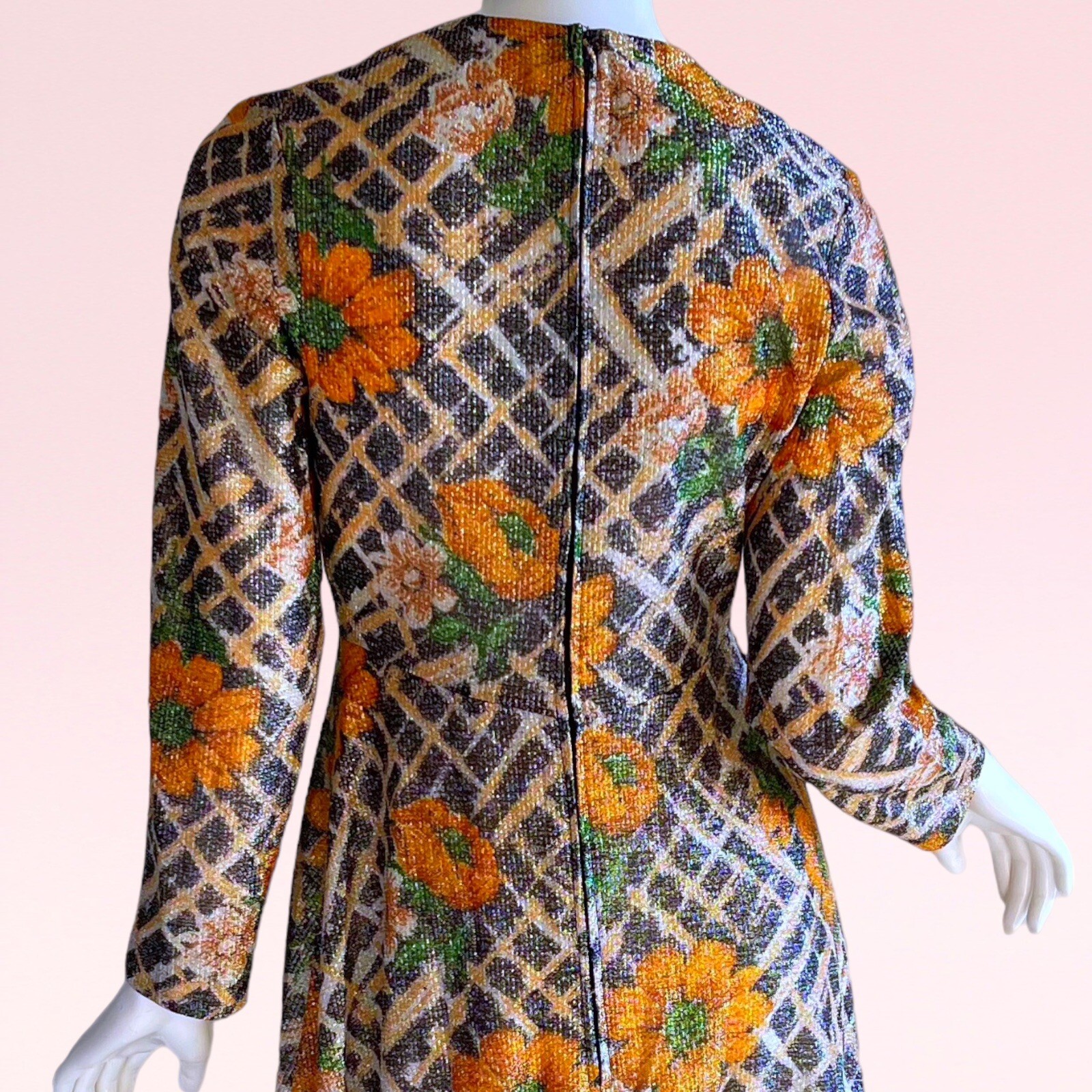 1970s Vintage Avalon Metallic Gold Lame Sunflower Novelty Print Maxi Dress