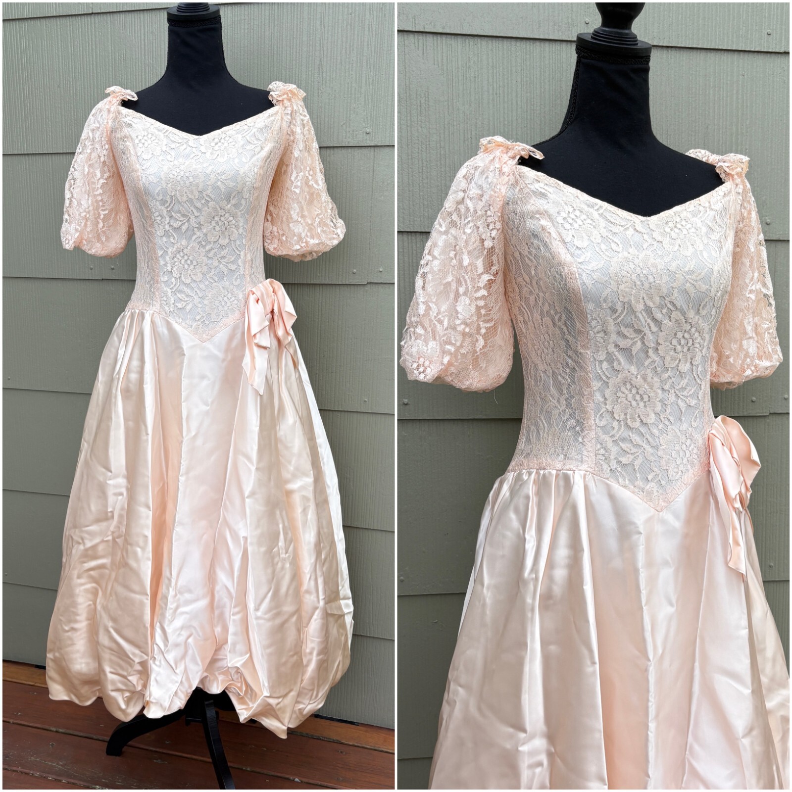 vtg 80s Princess Southern Belle Basque Waist Peach Bridal Formal Party Dress