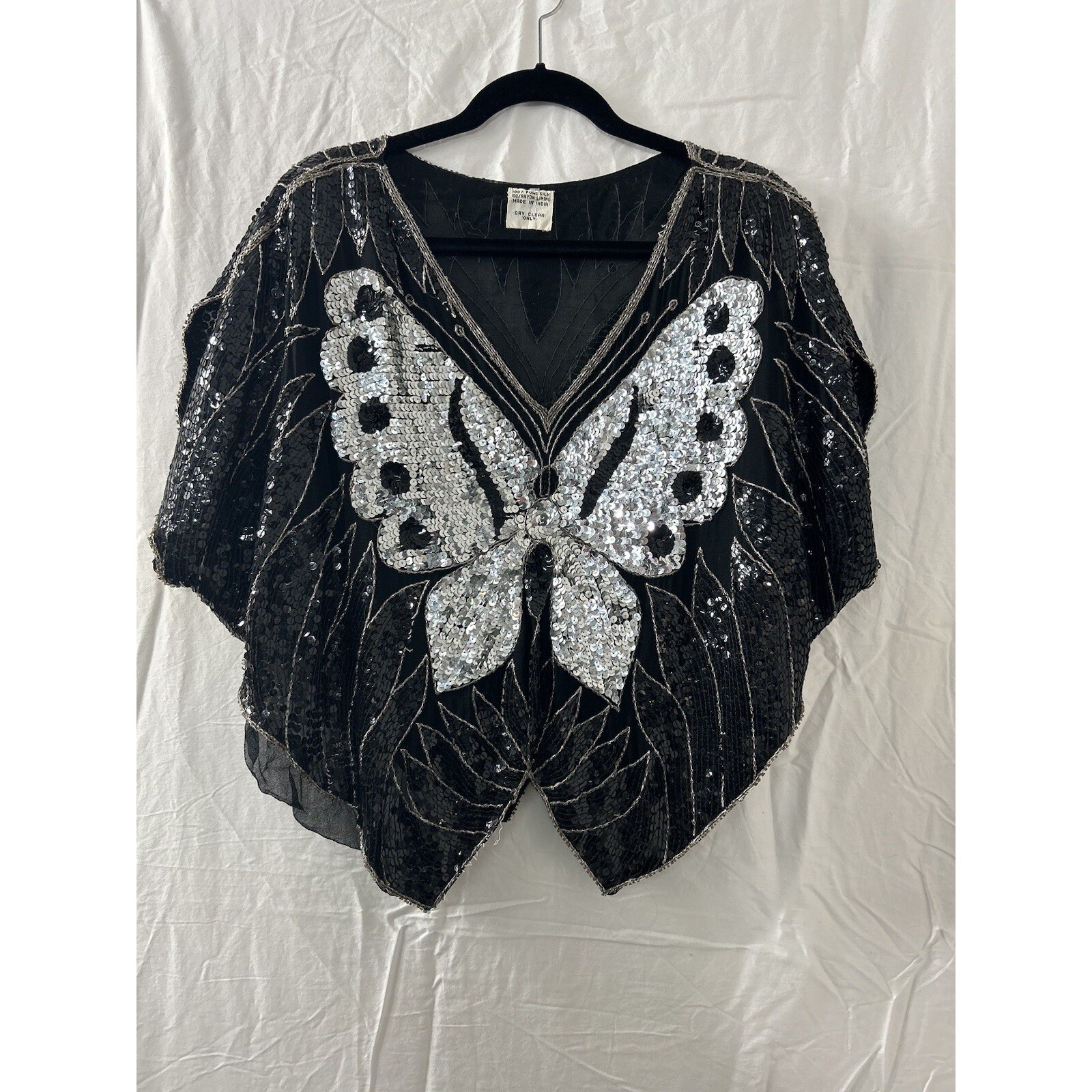 Vintage Butterfly Sequin Silk Top OS Black Silver Beaded Glam Art Deco Gatsby
