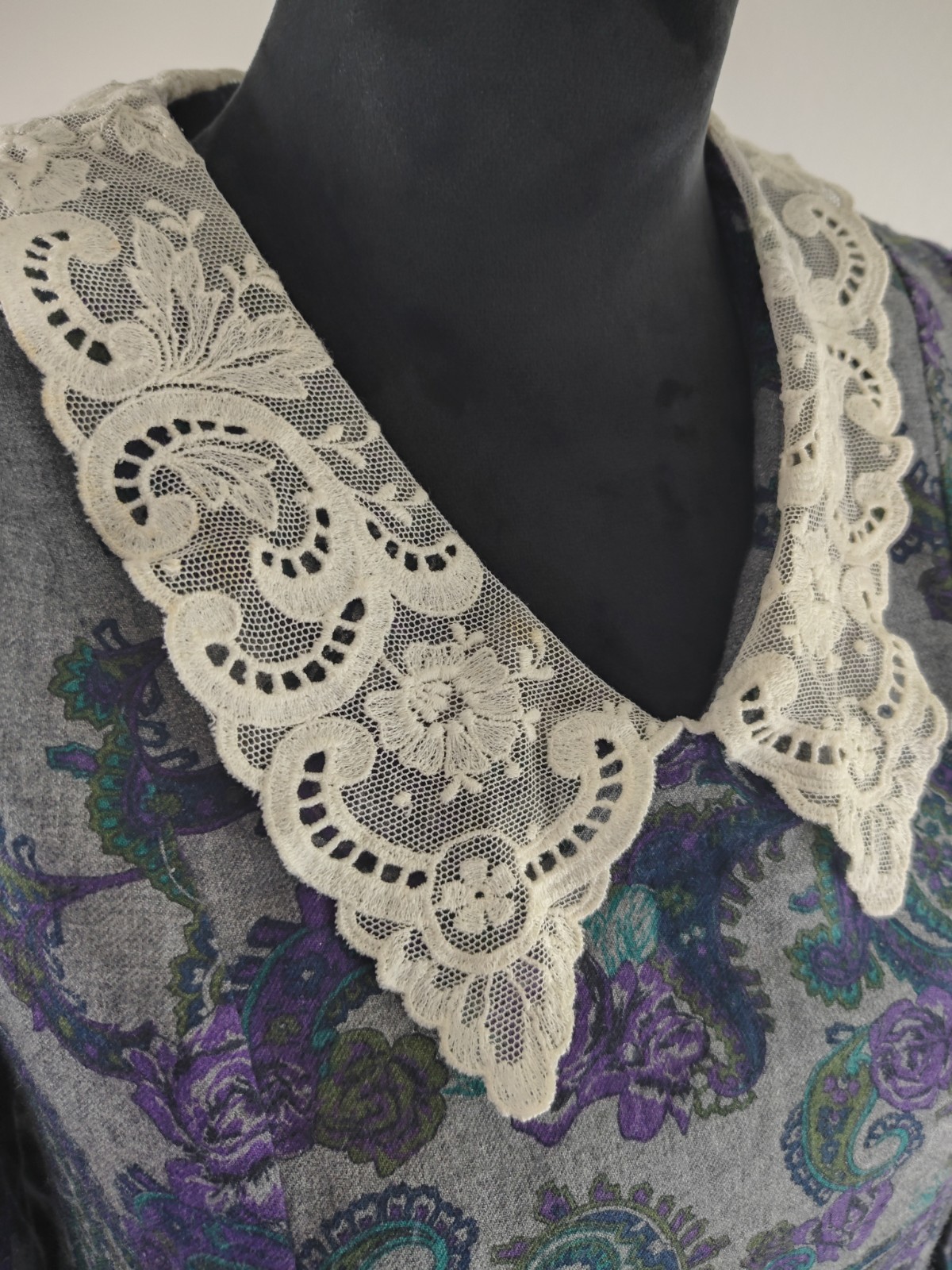 Vintage 80s Laura Ashley 10 Cotton Wool Floral Dress Lace Collar Cottage England