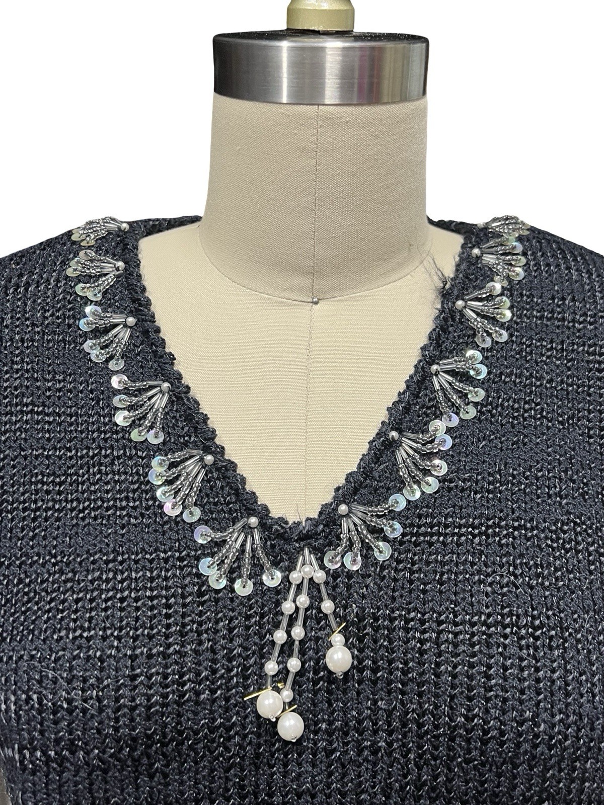 VTG 80s Rochelle Angora Sweater Beaded Sequin Collar Soft Fuzzy Black Cream Sz S