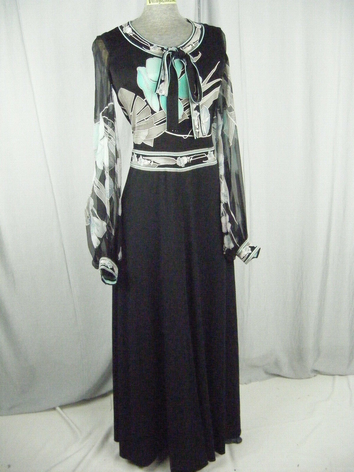 LEONARD PARIS Vtg 60s Green Black Silk Knit Chiffon Sleeve Dress-Bust 30-36/XS-S
