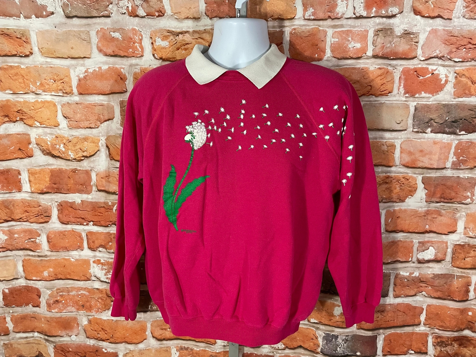 vintage 80s 90s boxy fit dandelion pink polo collar sweatshirt – sz L mom granny