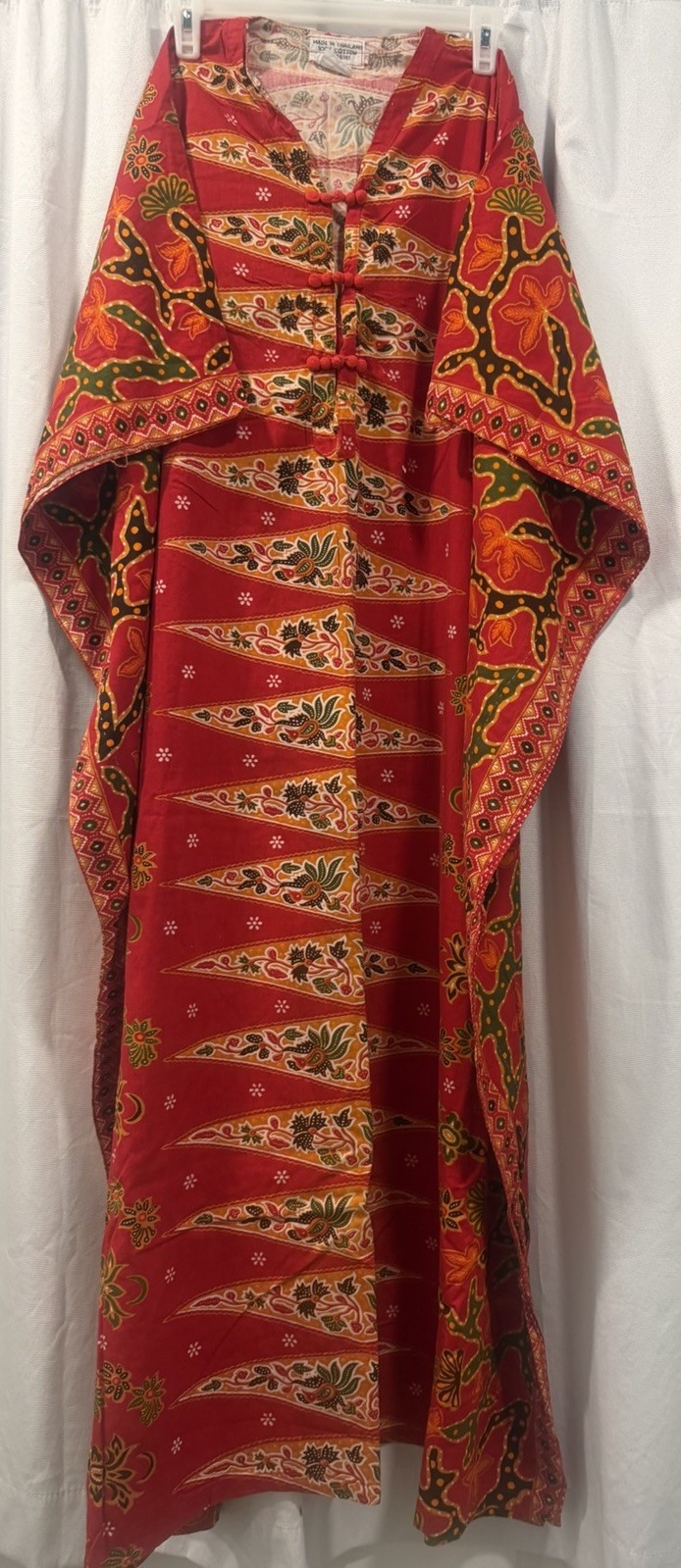 Women’s Vintage Caftan 100% Cotton Made in Thailand, Side Slits, Red Multicolor