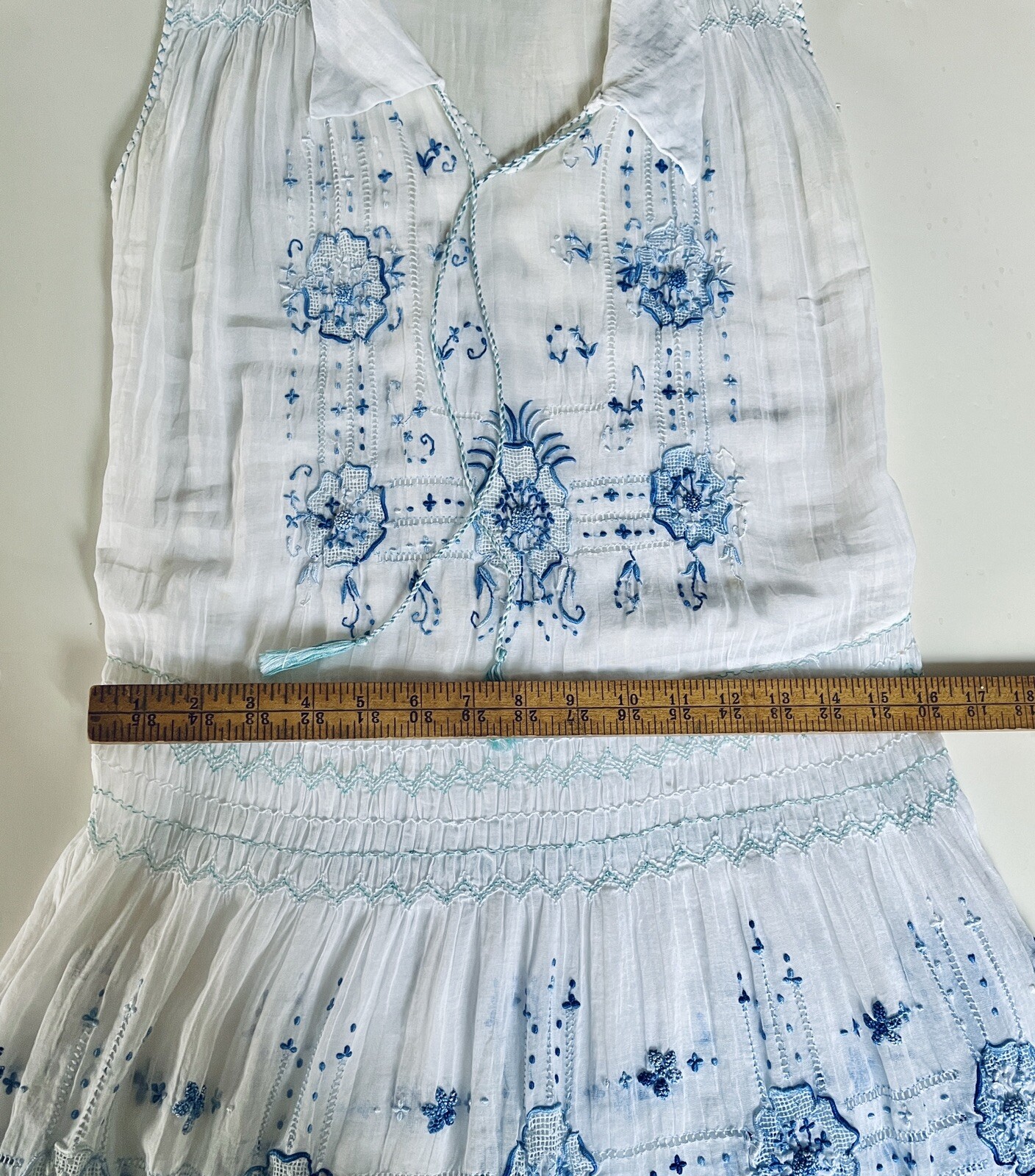 Vintage Dress Flapper 1920 White Cotton Voile Blue Embroidered Hungarian Peasant