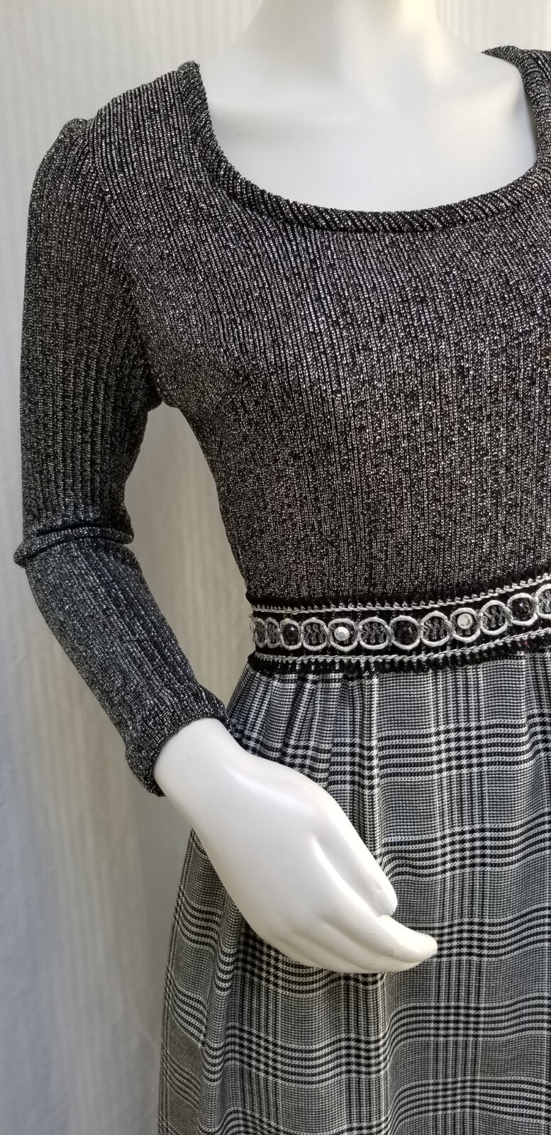 Vintage Black w/ Silver Lurex Rib Knit Glen Plaid Maxi Dress- Size S – EUC