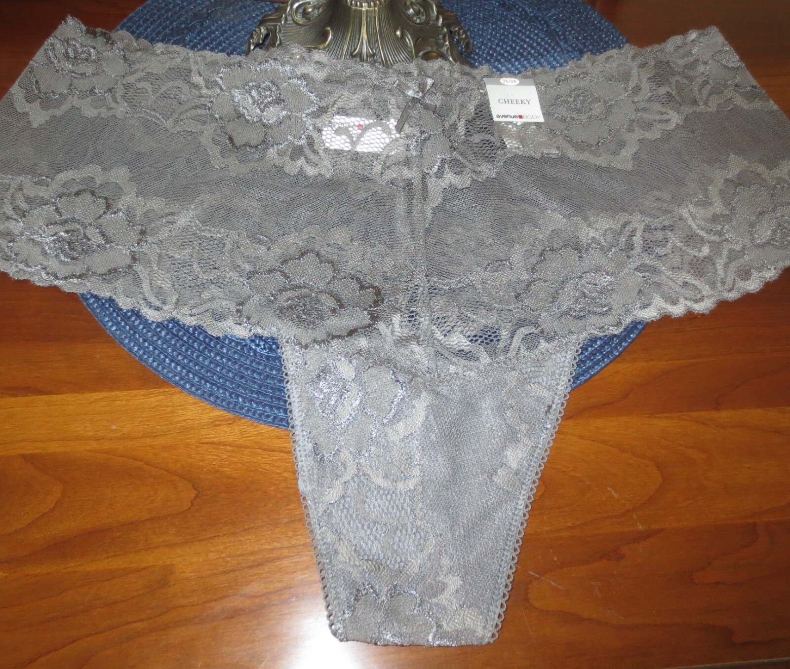 AVENUE BODY GRAY LACE HI CUT hipster cheeky thong bikini panties 26/28 NOS