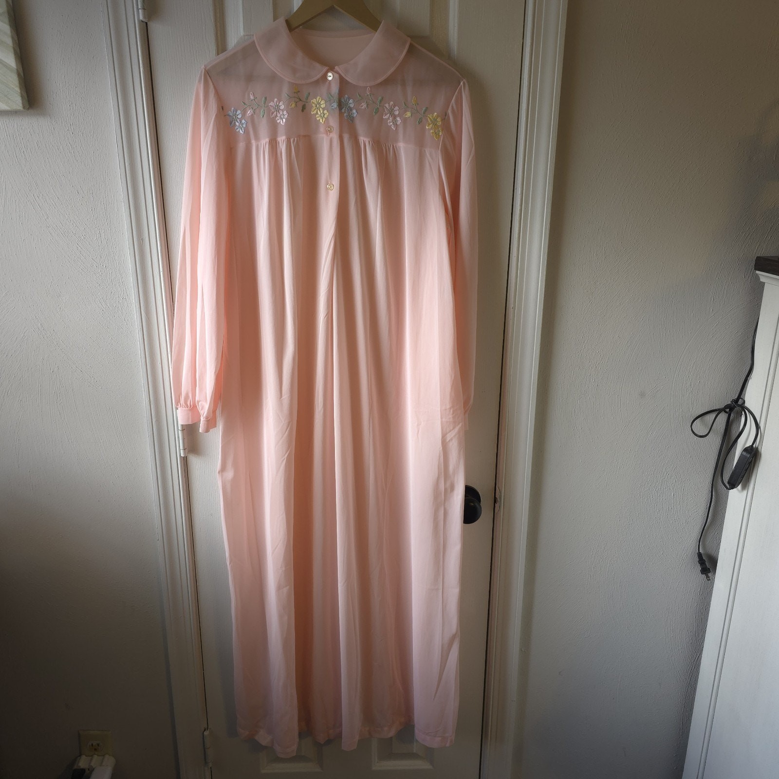 Artemis Vintage Long Nightgown Pink Collared 3 Button Sheer Floral Size 38